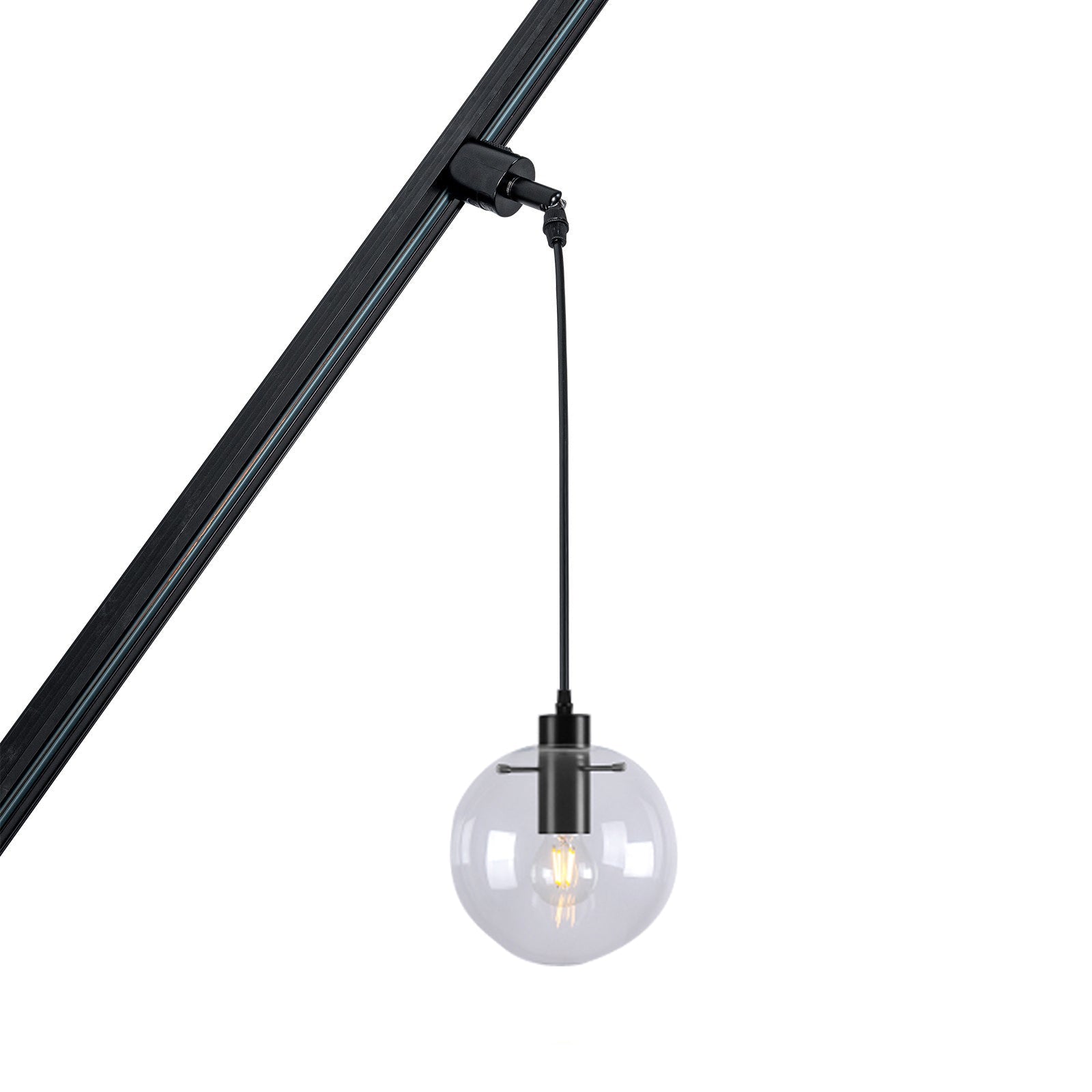Modern black sloped track light with glass globe pendant, perfect for inclined ceilings. E26 base, ideal for dining room.