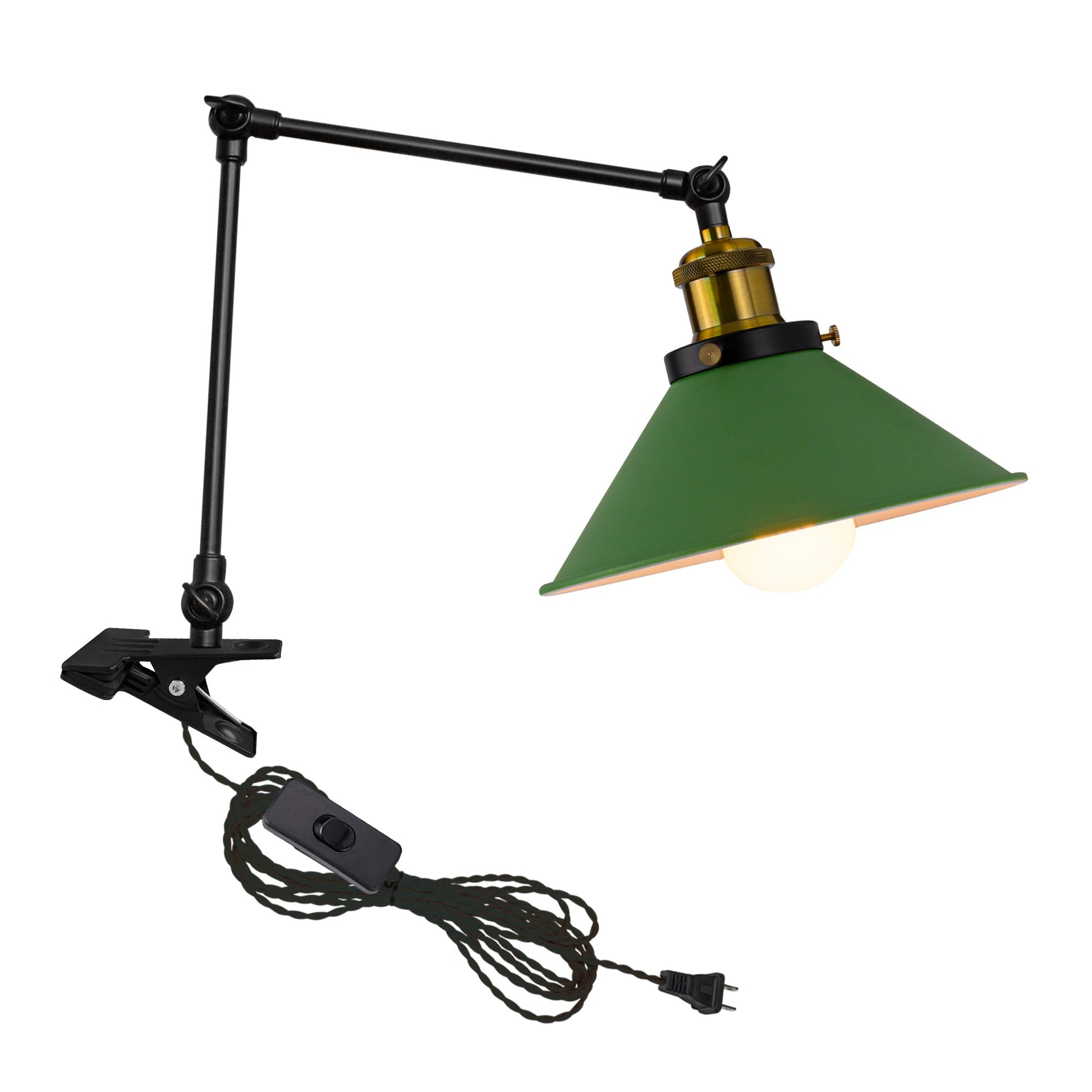 Green modern clip-on desk lamp with flexible arm, adjustable and suitable for bookshelf or bedside lighting.