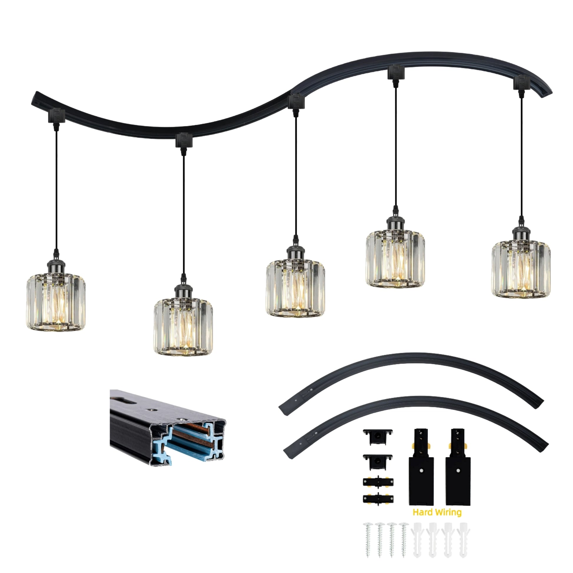 Ring-shaped 2pcs H track lighting kit, black in color, equipped with end caps and a live end feed connector. Compatible with single-circuit 120V H-style systems, suitable for LED lighting heads Excludes lighting fixtures