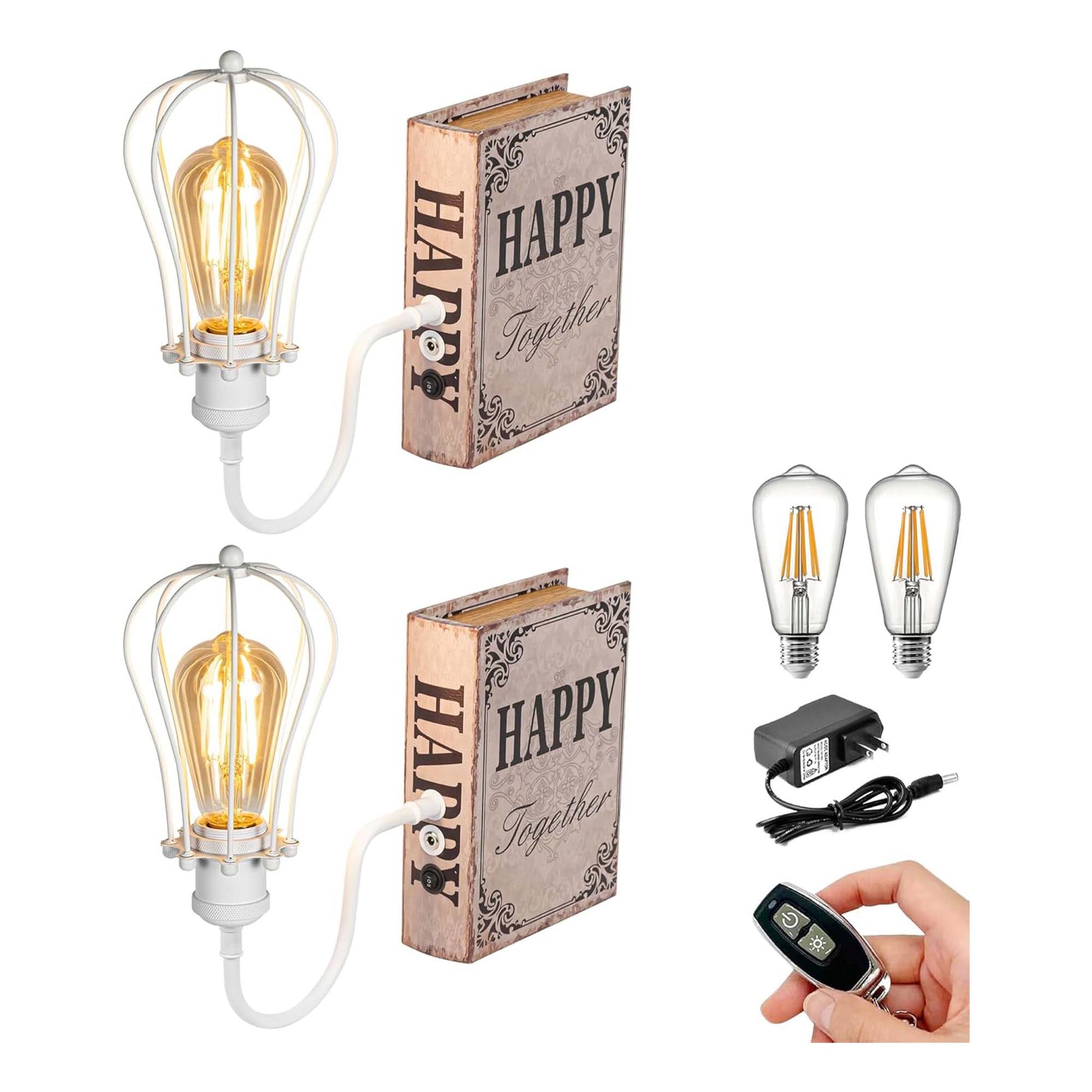 Kiven Cordless Bookshelf Lamp, Set of 2 Rechargeable Bookcase Lighting with Iron Lampshade, Farmhouse Decorative Bookend, Cordless Table Lamp for Bedside Bookshelf Cabinet Home Decor White DZ0006