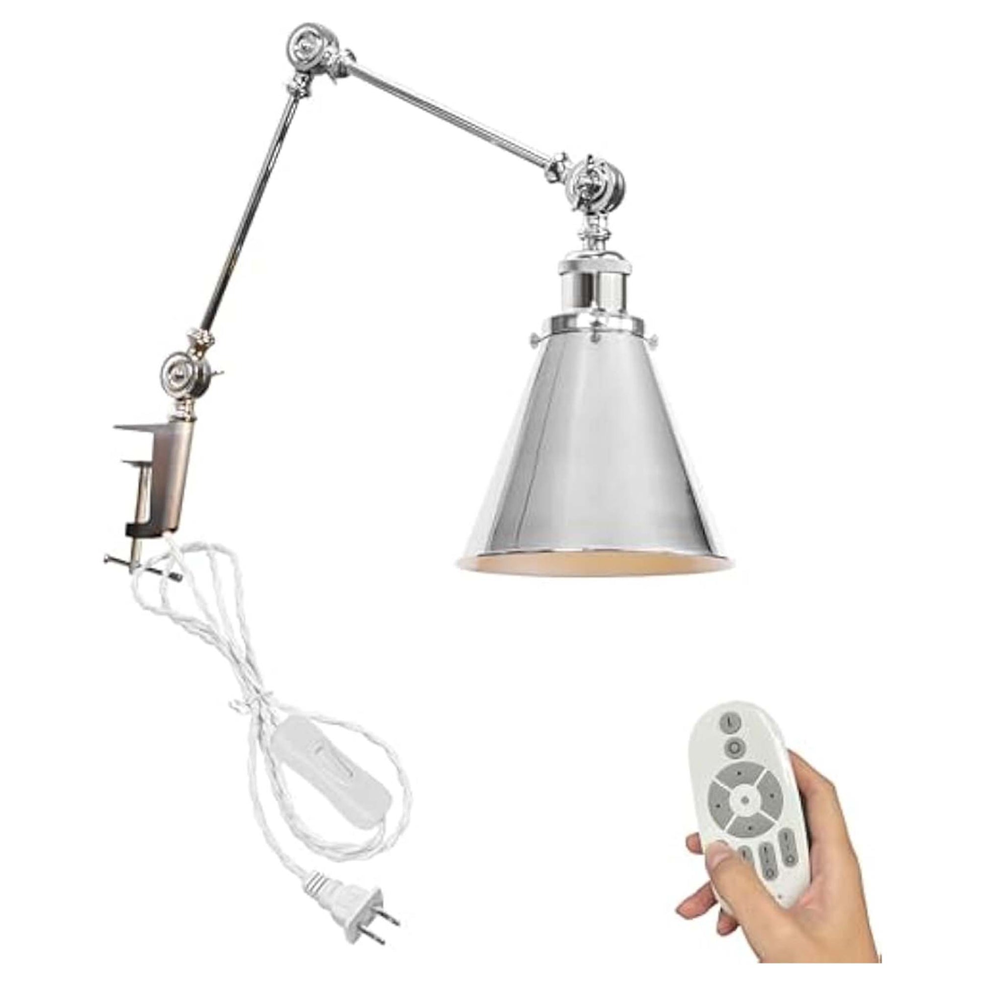 Kiven Dimmable Clamp Lamp, 1-Light Aluminum Nightstand Lamp with Flexible Swing Arm, Remote Control, Industrial Decorative Clip-on Desk Lamp for Bookshelf Office Bedside,Silver