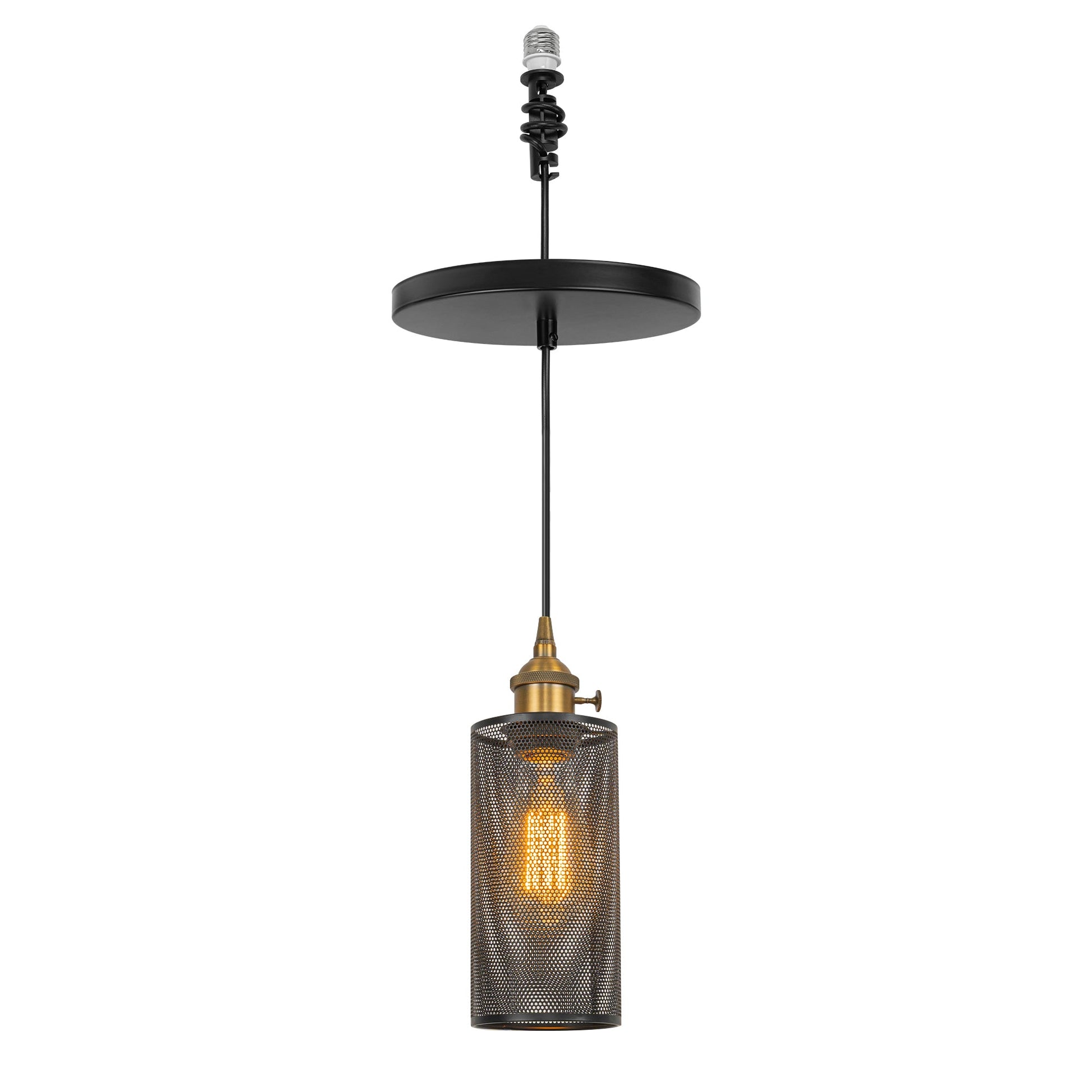 Black retro pendant light with perforated metal shade and E26 base. Ideal for kitchen or dining room. Vintage design.