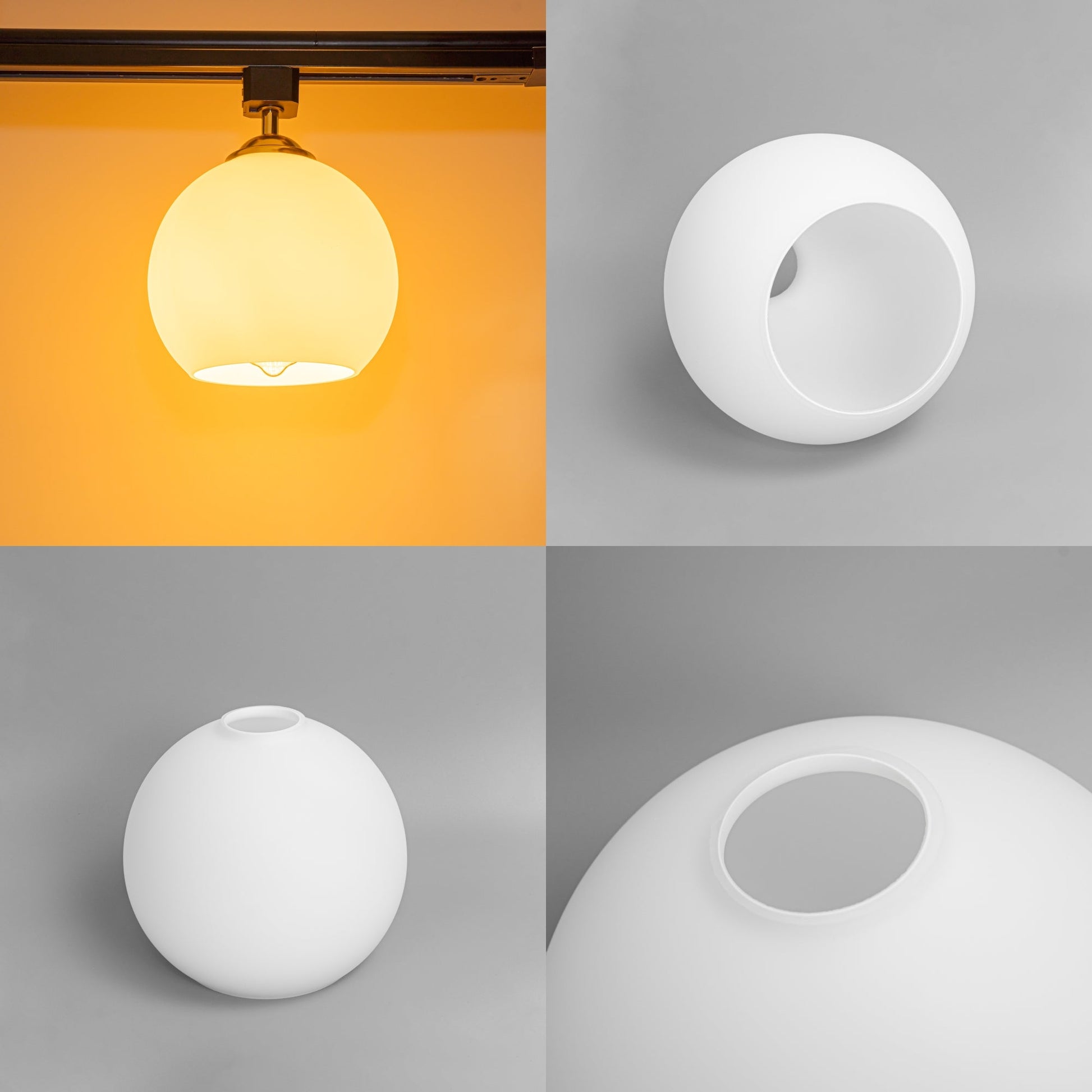 Kiven Lighting track head ceiling light with globe glass lampshade, white glass fixture, suitable for track lighting systems.