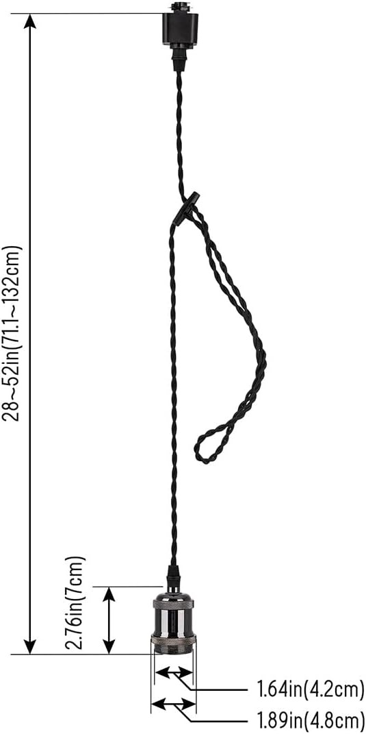 Kiven H-Type black track lighting pendant dimensions - Adjustable cord, measurements in inches and centimeters