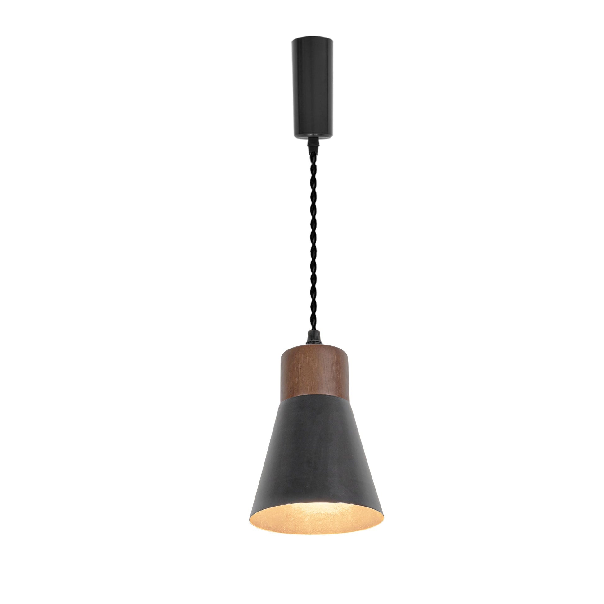 Retro pendant lighting with black metal shade and wood base, kitchen lighting track light.