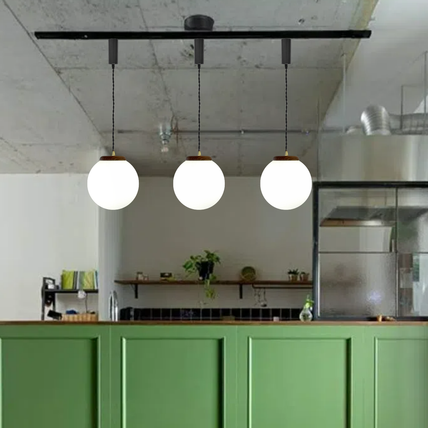 Dimmable H-Type track lighting pendants with white globe shades and wood finish, perfect for kitchen island lighting.