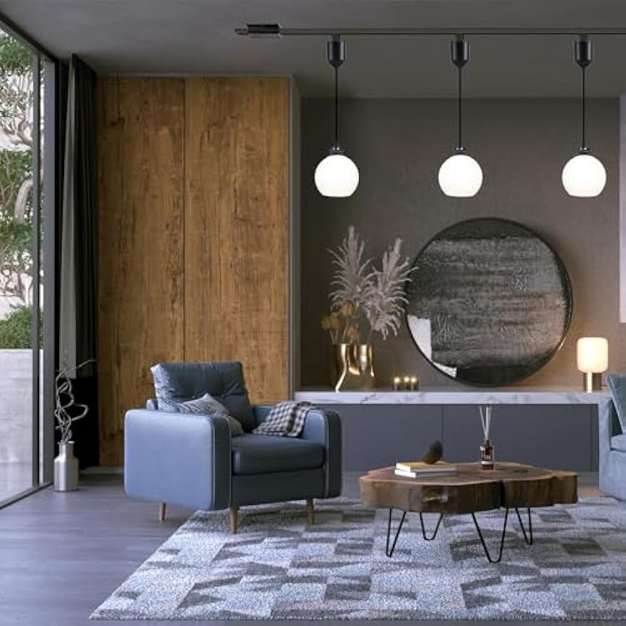Kiven J-Type track lighting pendants with frosted glass shades, black finish. Modern lighting for living room ambiance.