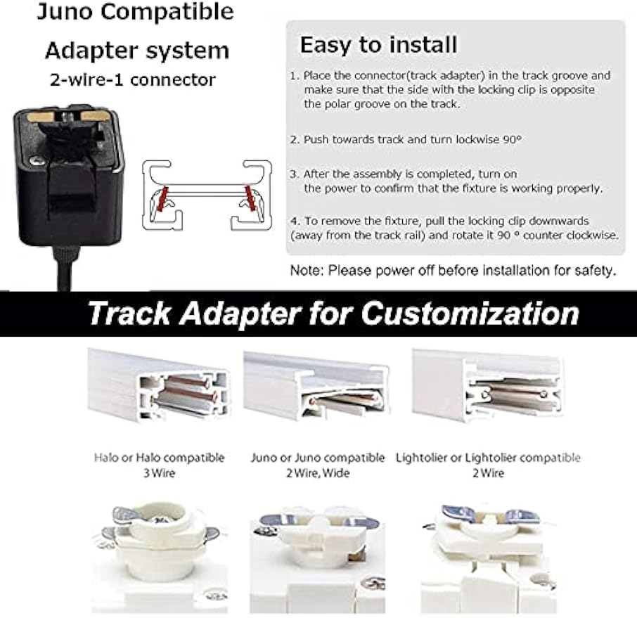Juno compatible track adapter for Kiven J-Type track lighting, easy installation guide and different track adapter options.