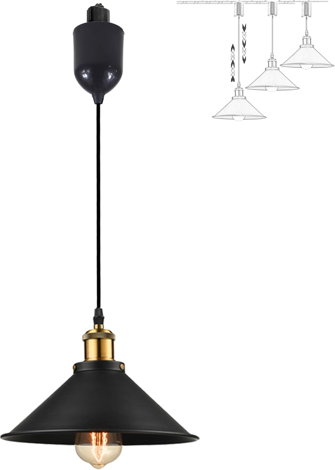 Adjustable Height H Track Mount Pendant Light Industrial Style Black Metal Instant on Auto Retract Track Mount Pendant Light Decorate for Kitchen Island Customizable (No bulbs & Track System)