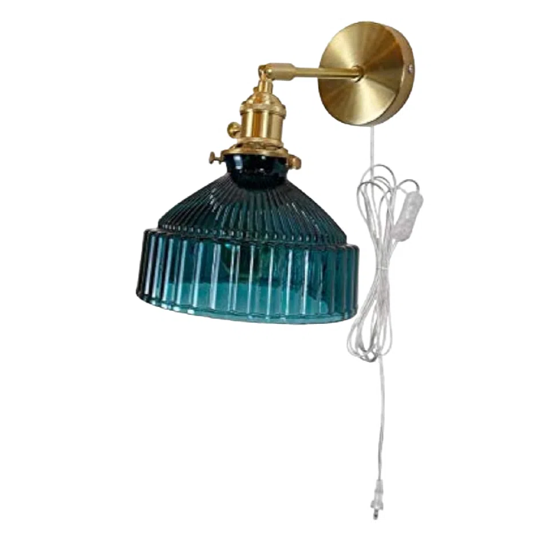 Kiven Nordic Creative Style Wall Sconces with 5.9Ft UL Plug-in Button Transparent Cord E26 Lamp Base Dark Green Lampshade Copper Base Wall Light Fixtures for Bedroom Dorm Hotel Bulb Not Included