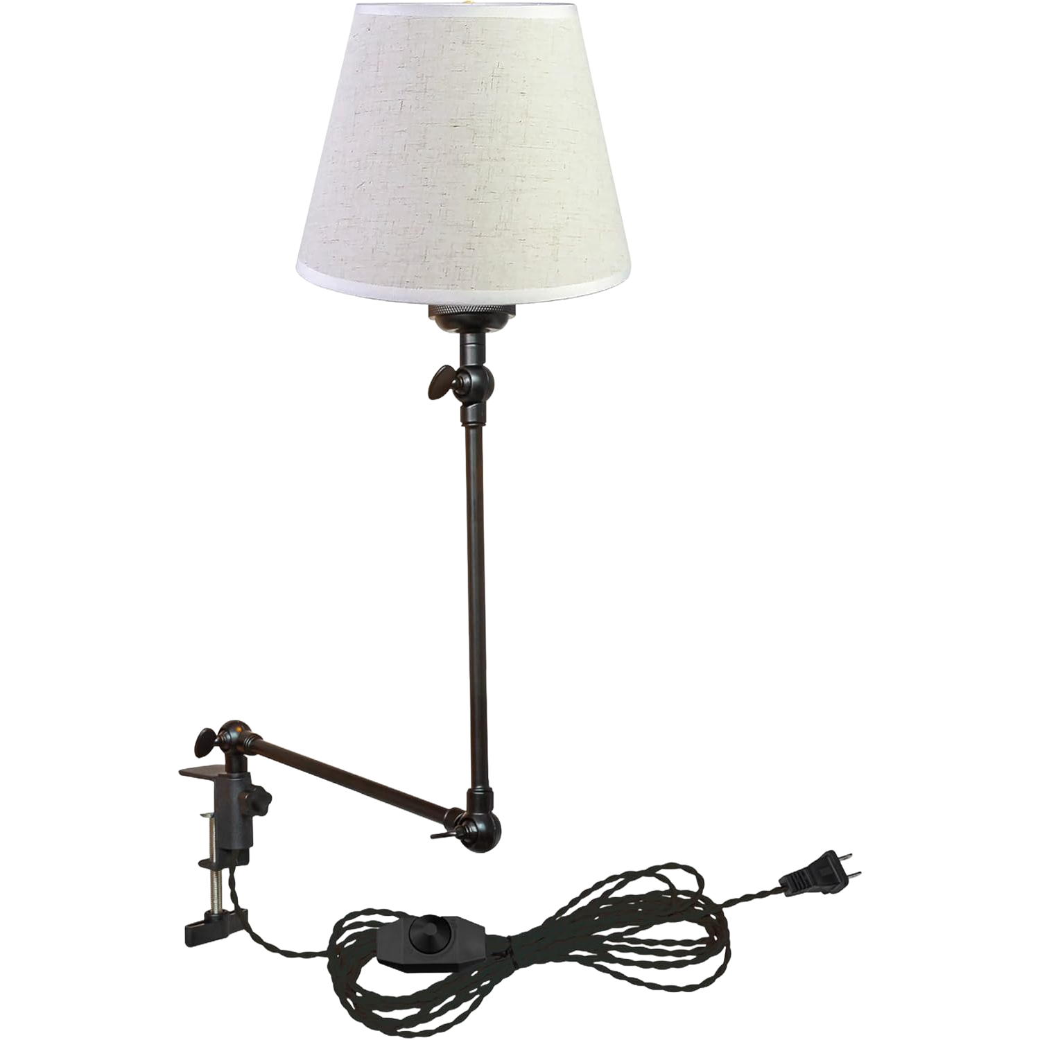 Kiven Plug-in Modern Clip-on Desk Lamp, 1-Light Modern Nightstand Lamp with Flexible Arm, White Drum Fabric Lampshade, 8.2FT Plug in Cord, Decorative Clamp Lamp for Office Home Bookshelf Bedside