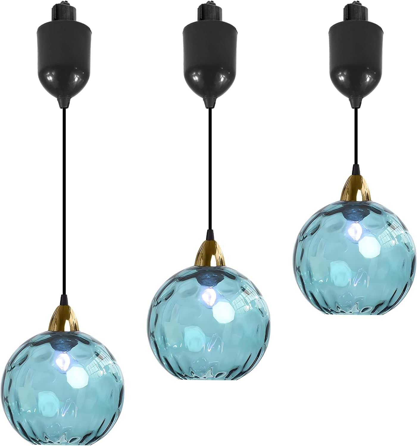 Three blue hammered glass Juno track pendants with adjustable height, kitchen and bar lighting.