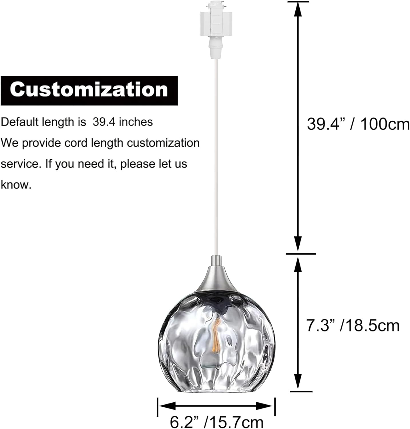 Modern glass globe track lighting pendant with dimmensions and cord customization, ideal for kitchen or hallway