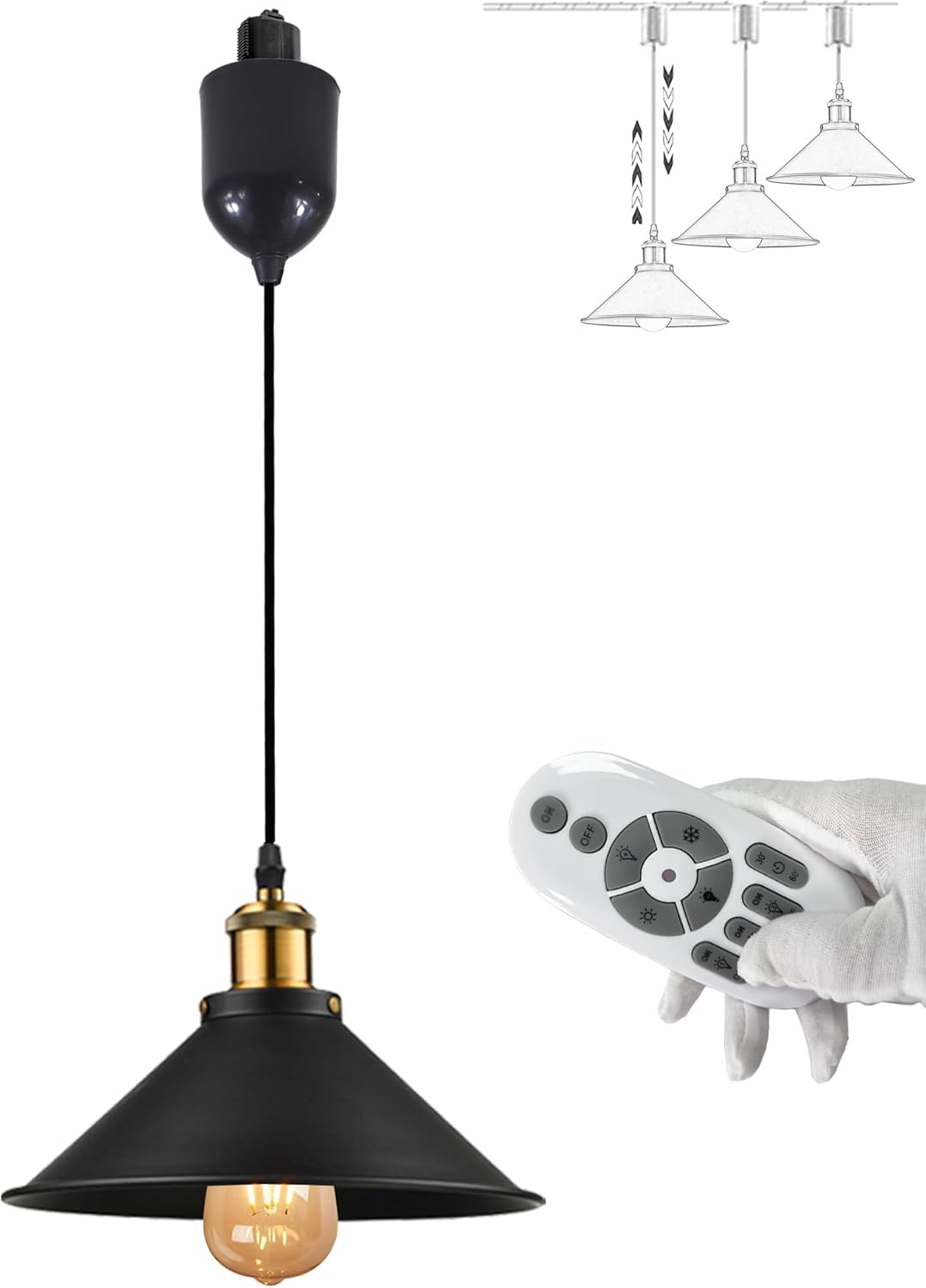 Dimmable H-Track Mount Pendant Light Adjustable Height Industrial Style Black Metal Instant on Auto Retract Track Mount Pendant Light Decorate for Kitchen Island Customizable (No bulbs & Track System)