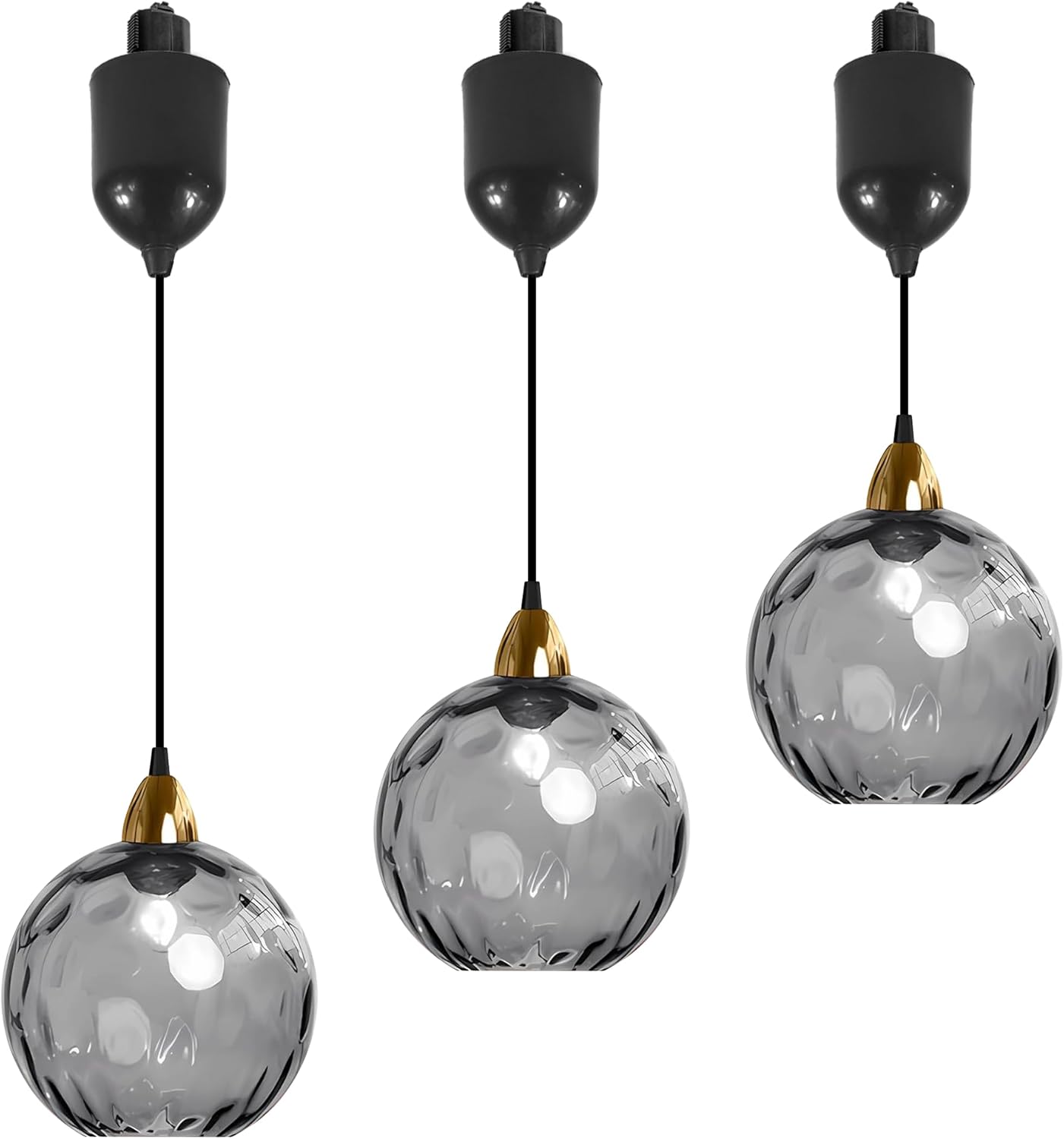 Gray hammered glass Juno track pendant lights with adjustable height, ideal for kitchen or bar lighting, vintage style