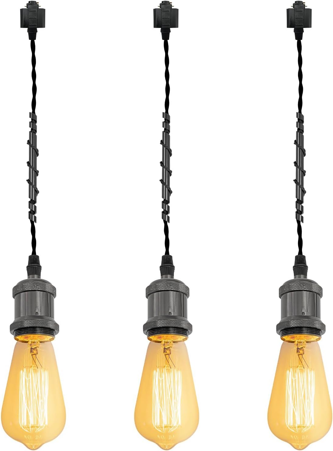 Kiven H-Type track light pendants with Edison bulbs, black weave cord, industrial style, ideal for home and restaurant decor.
