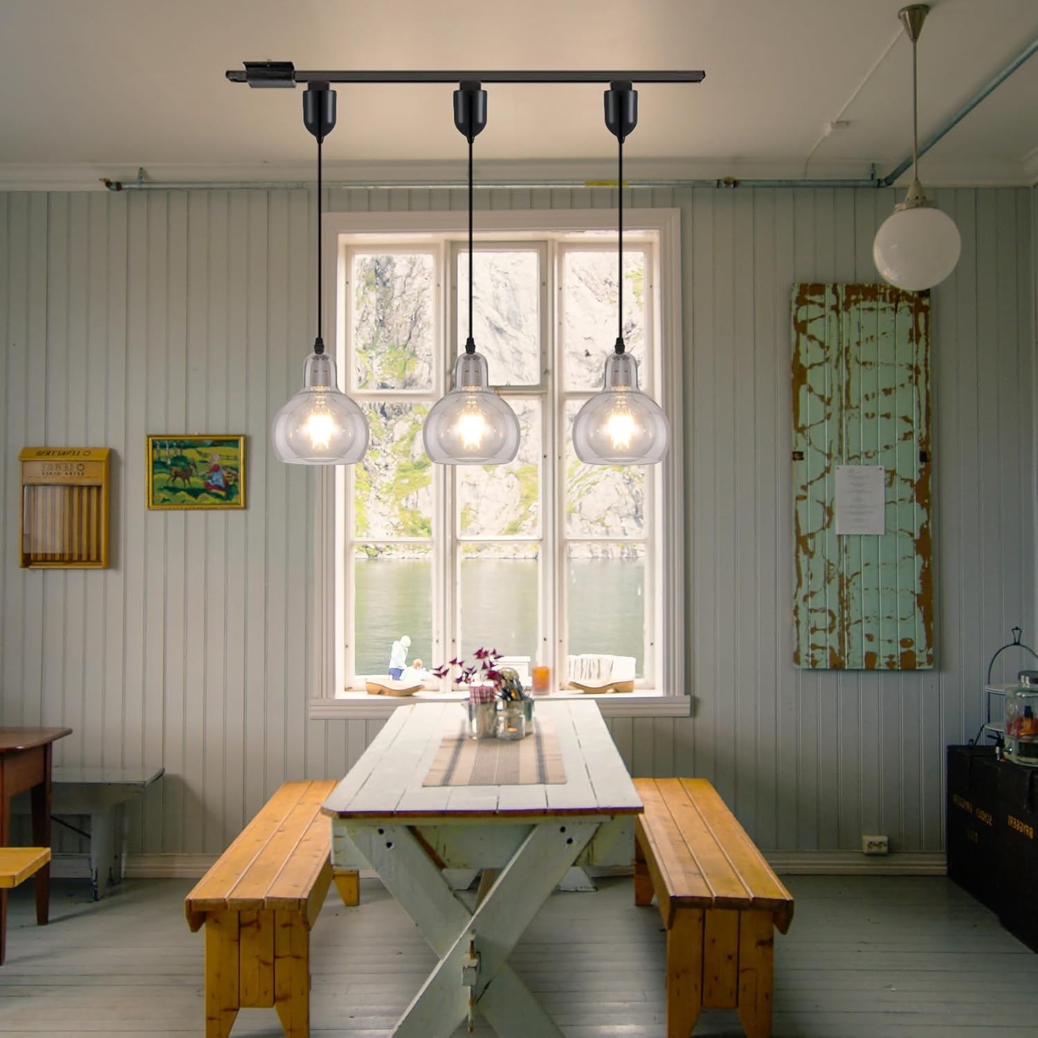 Kiven J-Type track pendant lights with clear glass shades. Modern lighting ideal for kitchens and shops.