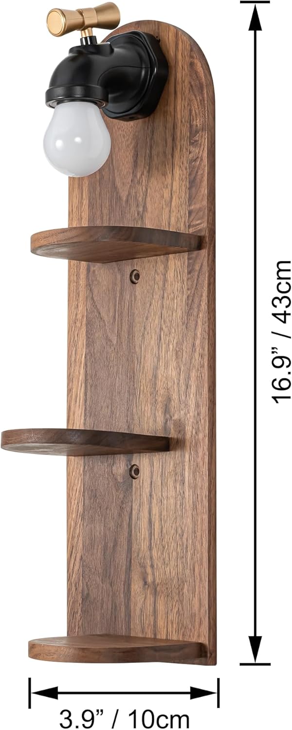 Kiven Battery Operated Wall Sconce with Shelf, Brown Wood, Eclectic Style, Bedroom and Living Room Decor, 16.9"x43cm