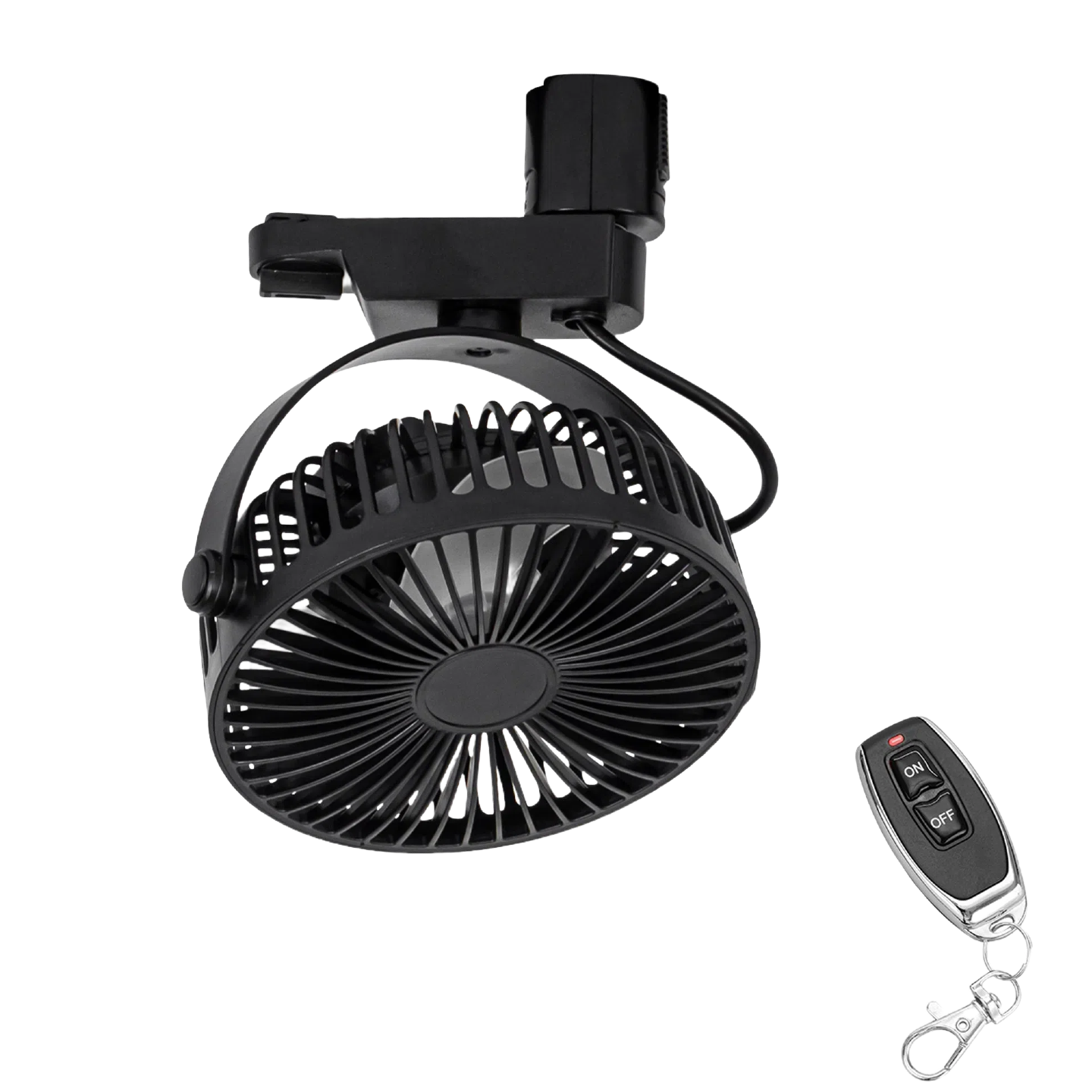 Black track ceiling fan with remote control for improved air circulation; simple design.