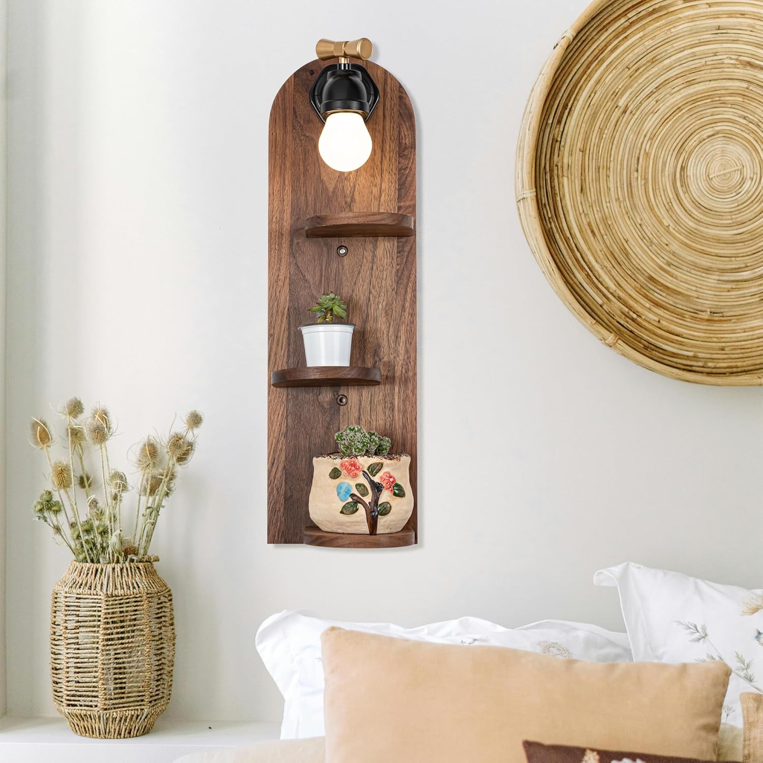 Battery operated wall sconce with shelf, brown wood, eclectic bedroom decor, bedside lamp with plants