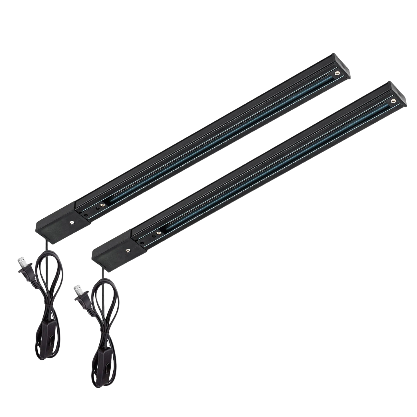 Black Halo track lighting rails with live end cord kit and button switch, ideal for industrial and vintage-style lighting.