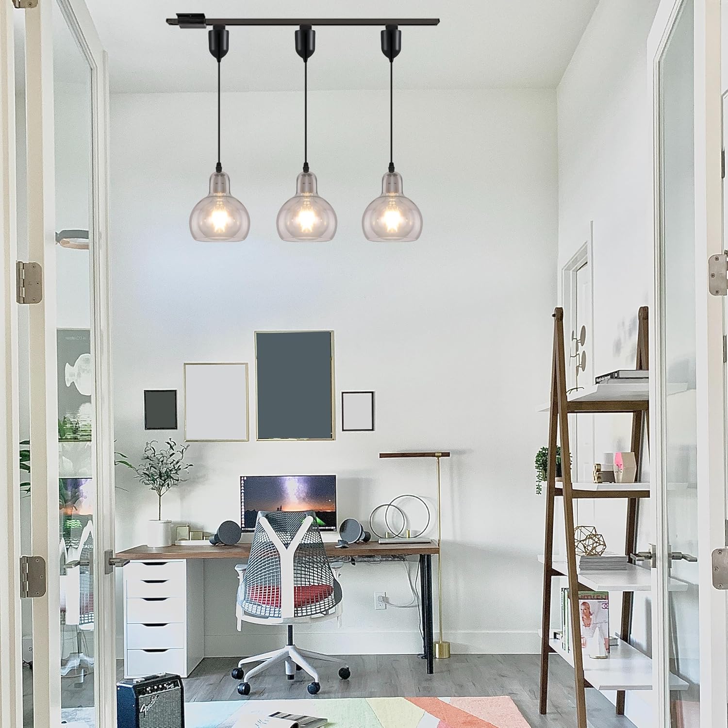 Kiven J-Type clear glass pendant track lighting in a modern home office, ideal for kitchen or shop.