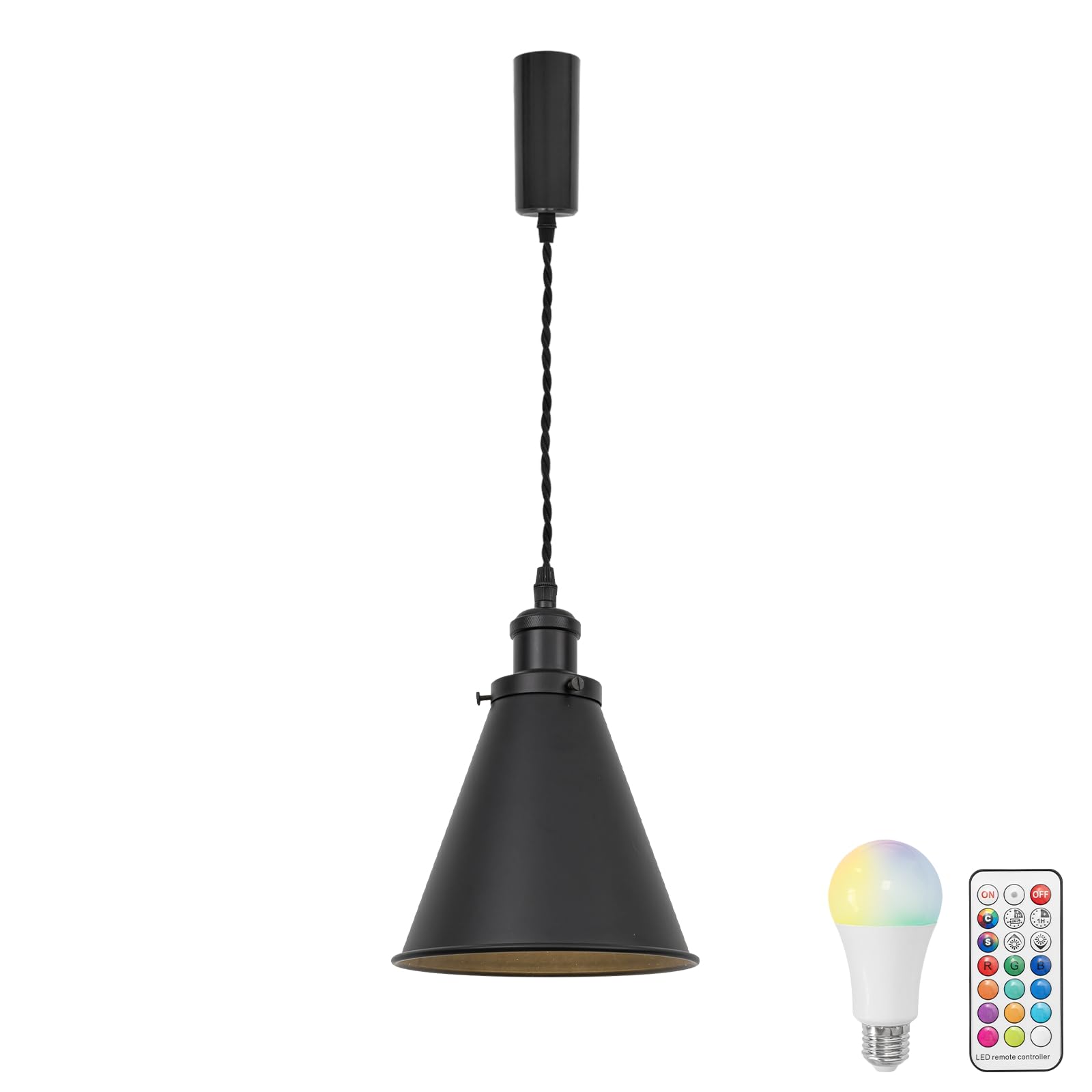 Black cone shade track lamp with RGB dimmable bulb and remote control. Vintage pendant lighting.