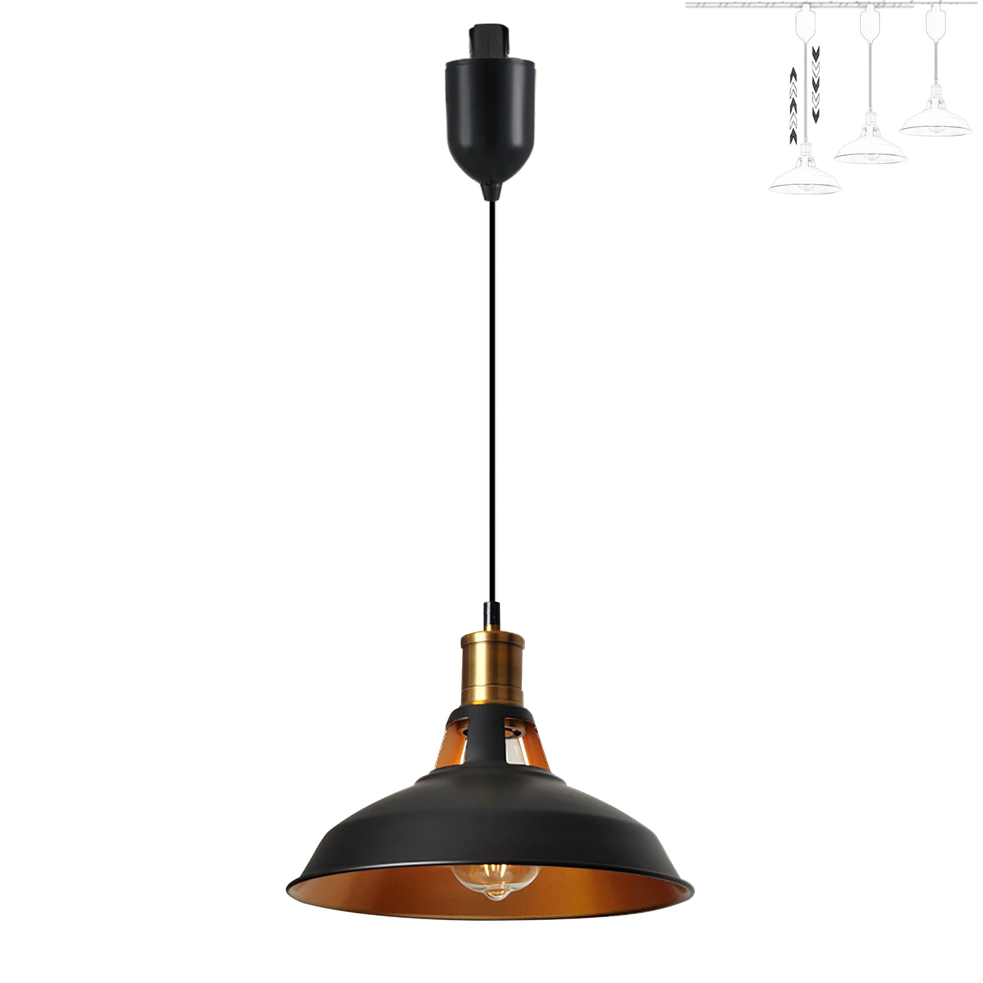 Black and gold track pendant light, adjustable height, E26 bulb, suitable for kitchens, bars, and dining.