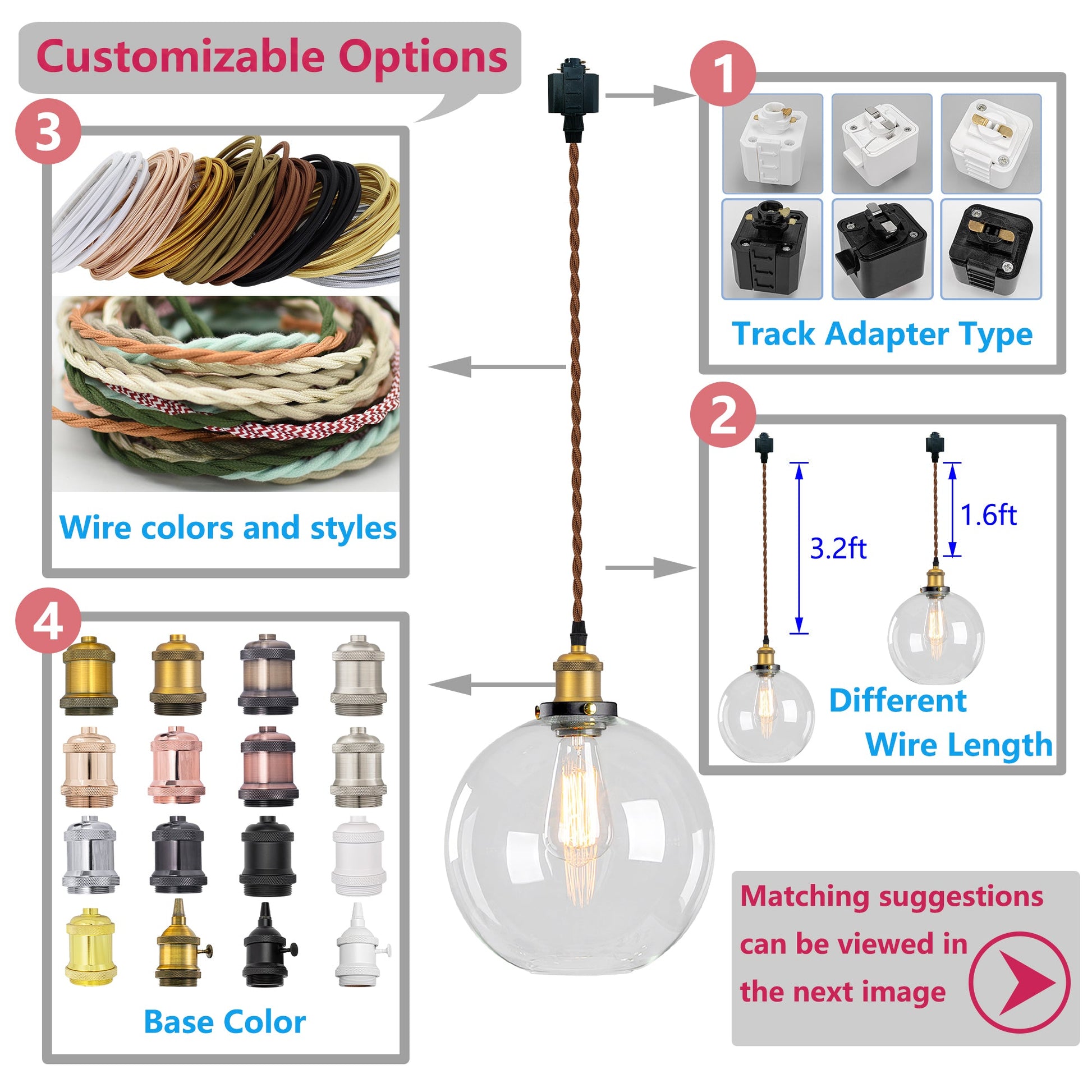 Track pendant light customization options: adapter, wire colors & styles, wire length, and base colors. Kiven Lighting.