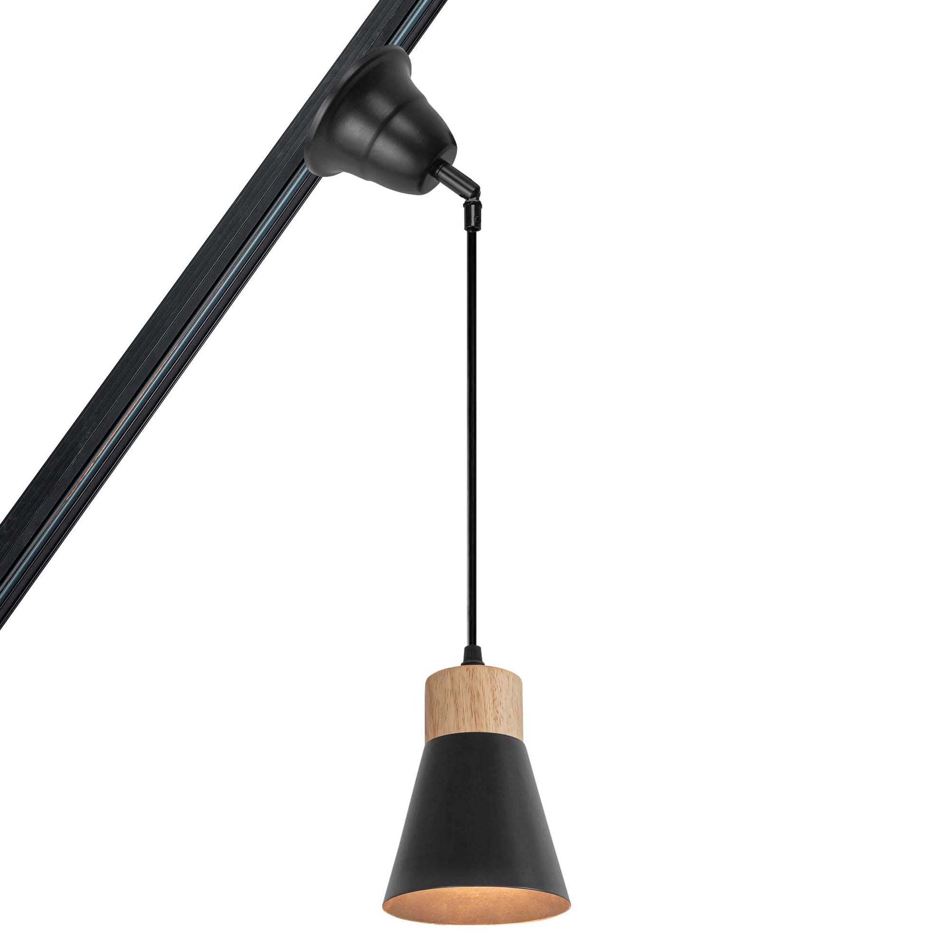 Black metal shade pendant light with wood base and adjustable cord, perfect for slope roofs. Retro style lighting fixture.