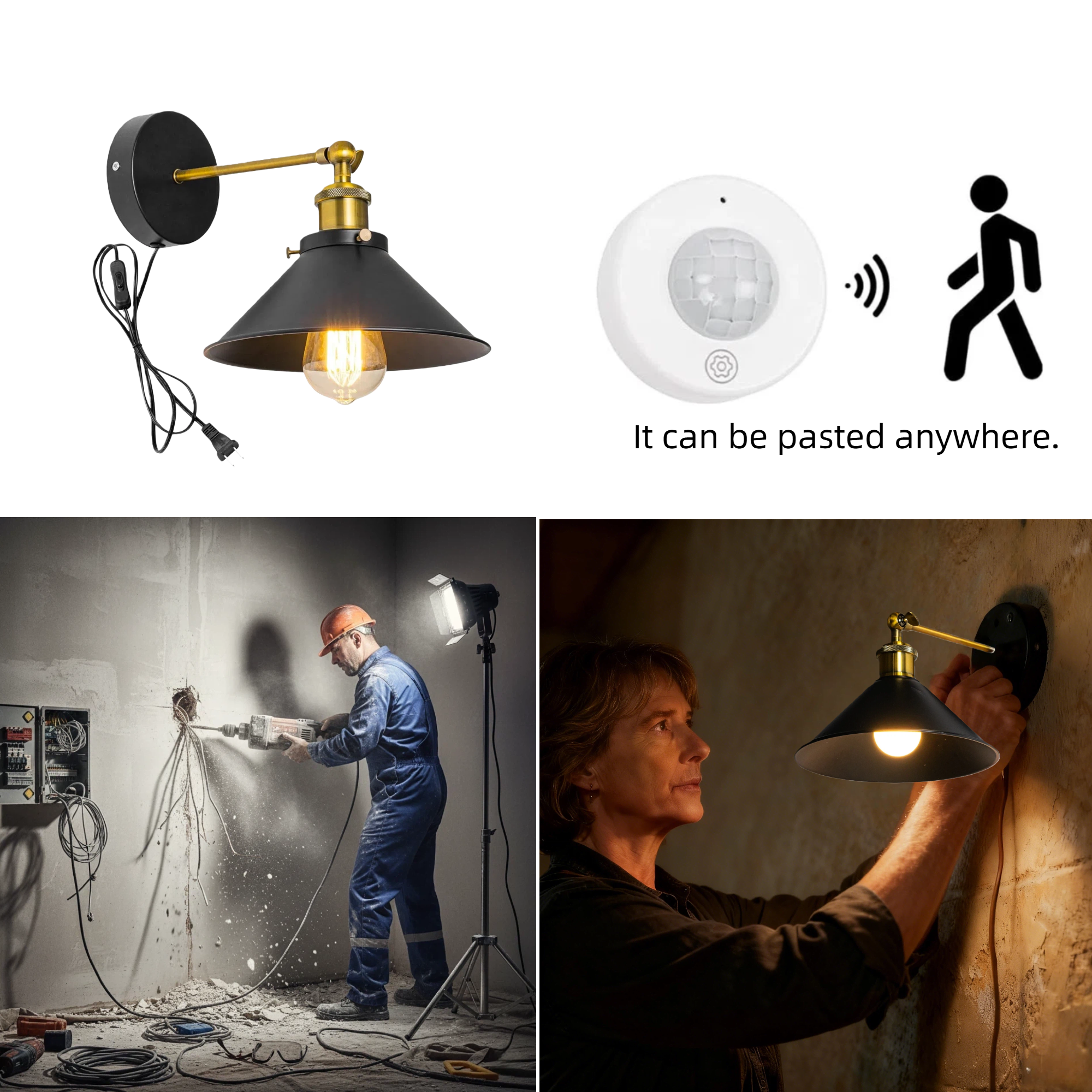 A split-screen comparison contrasting a construction worker drilling for complex wiring with a woman easily mounting a plug-in wall sconce and its motion sensor.