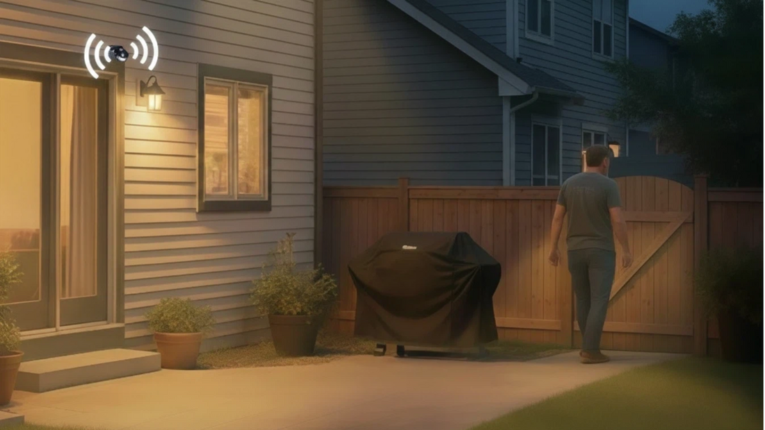 Outdoor radar motion sensor wall sconce in matte black (non-track light; H/J/L track type N/A), hardwired AC (voltage not shown), UL/ETL certification not shown, mounted by a side door lighting a walkway at dusk