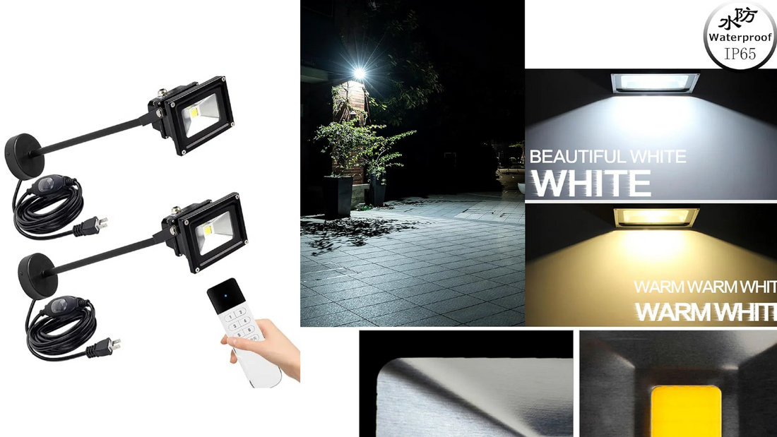 Two black waterproof outdoor spotlights with a remote control, showing examples of cool white and warm white light