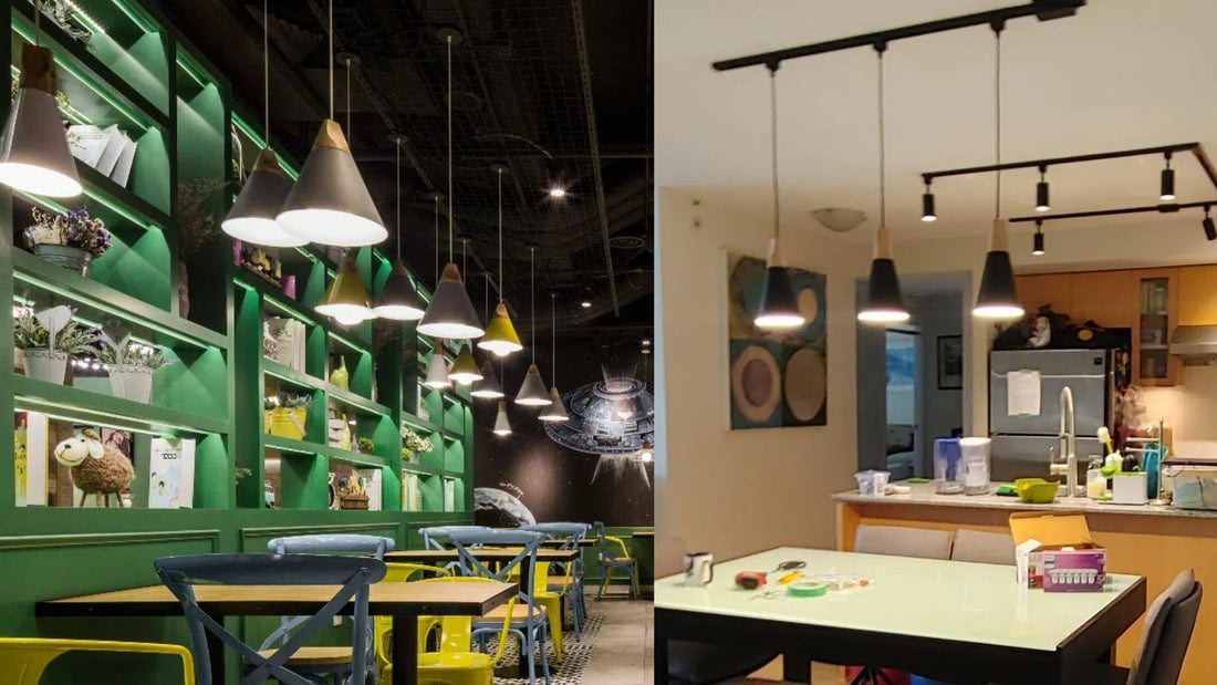 A modern, stylish cafe or restaurant interior with vibrant green shelving, pendant lighting, and a cozy dining area.