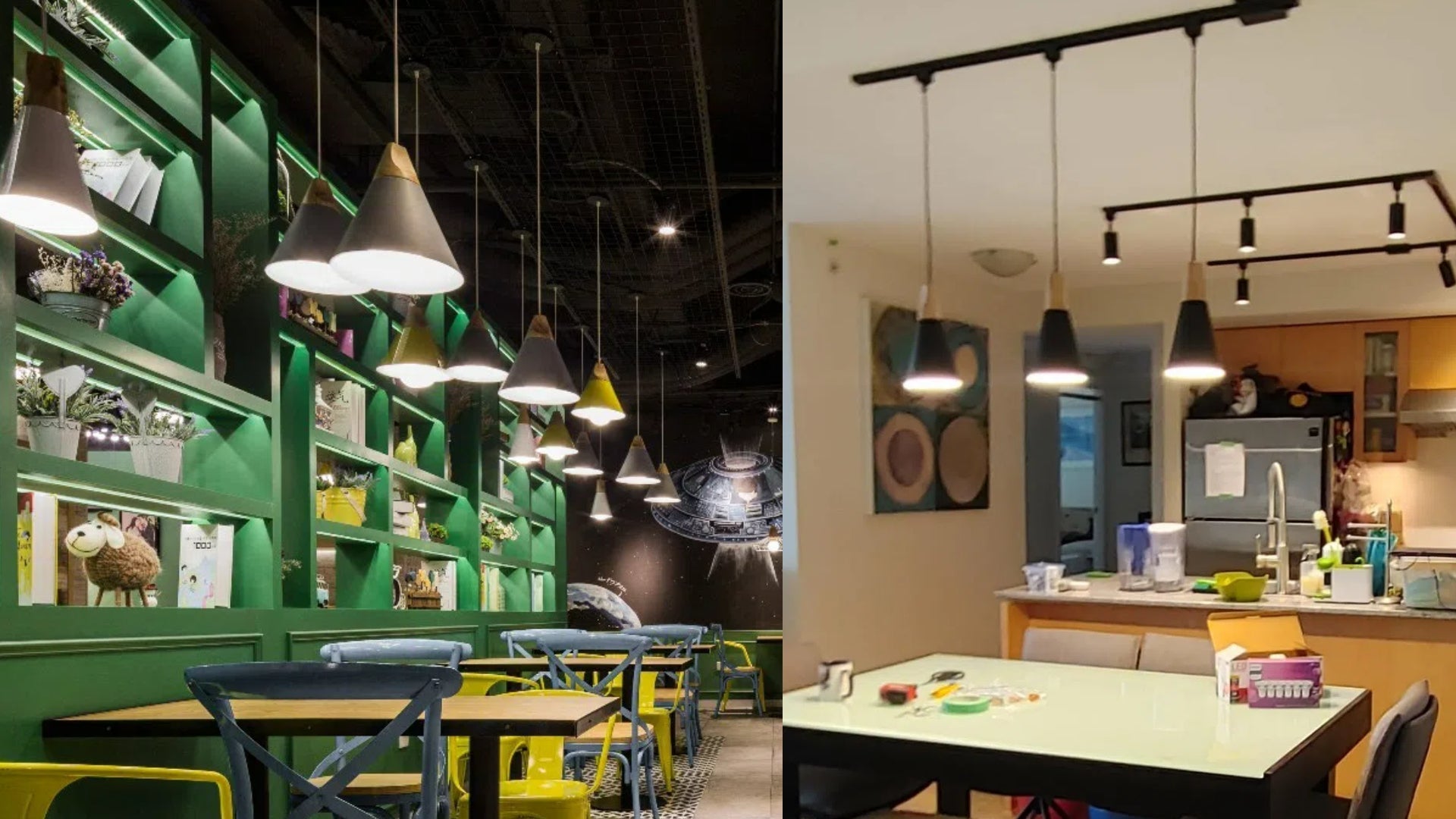 A modern, stylish cafe or restaurant interior with vibrant green shelving, pendant lighting, and a cozy dining area.
