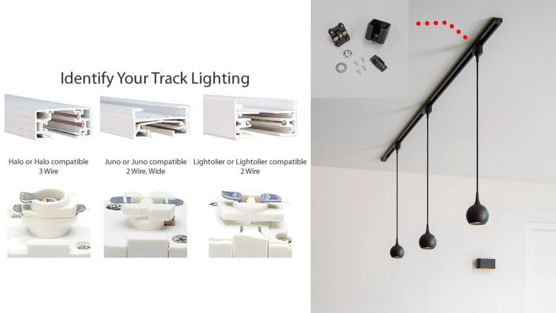Track lighting identification guide showing three different types: Halo or Halo compatible (3 Wire), Juno or Juno compatible (2 Wire, Wide), and Lightolier or Lightolier compatible (2 Wire)