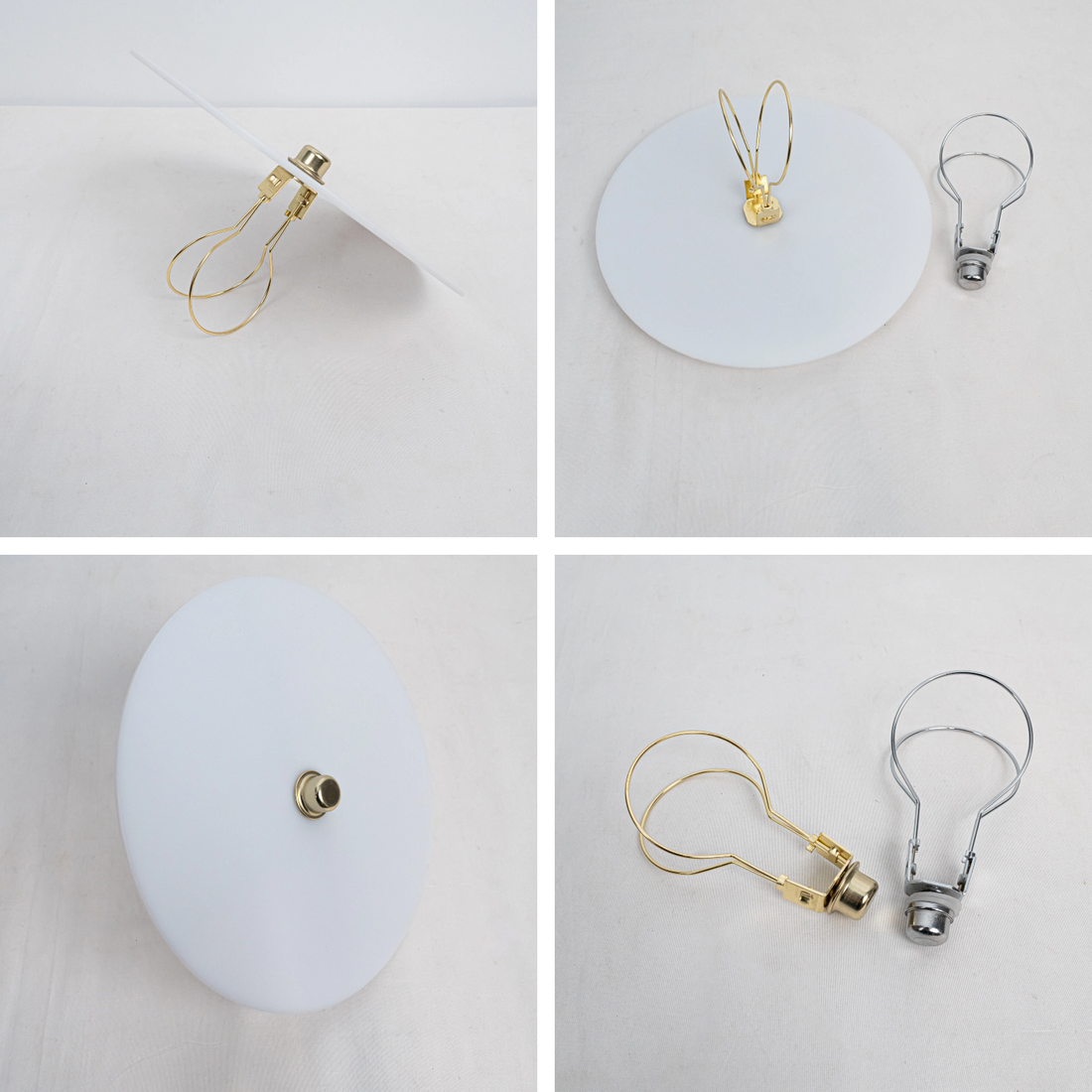 Different views of two modern lamp holders with circular white shades and metal wire frames in gold and silver finishes.