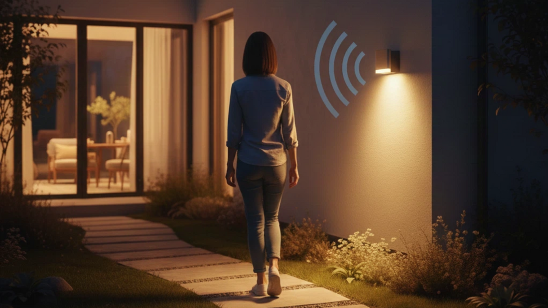 Radar motion sensor outdoor wall light detecting woman walking on pathway at night with radio wave visualization showing detection range