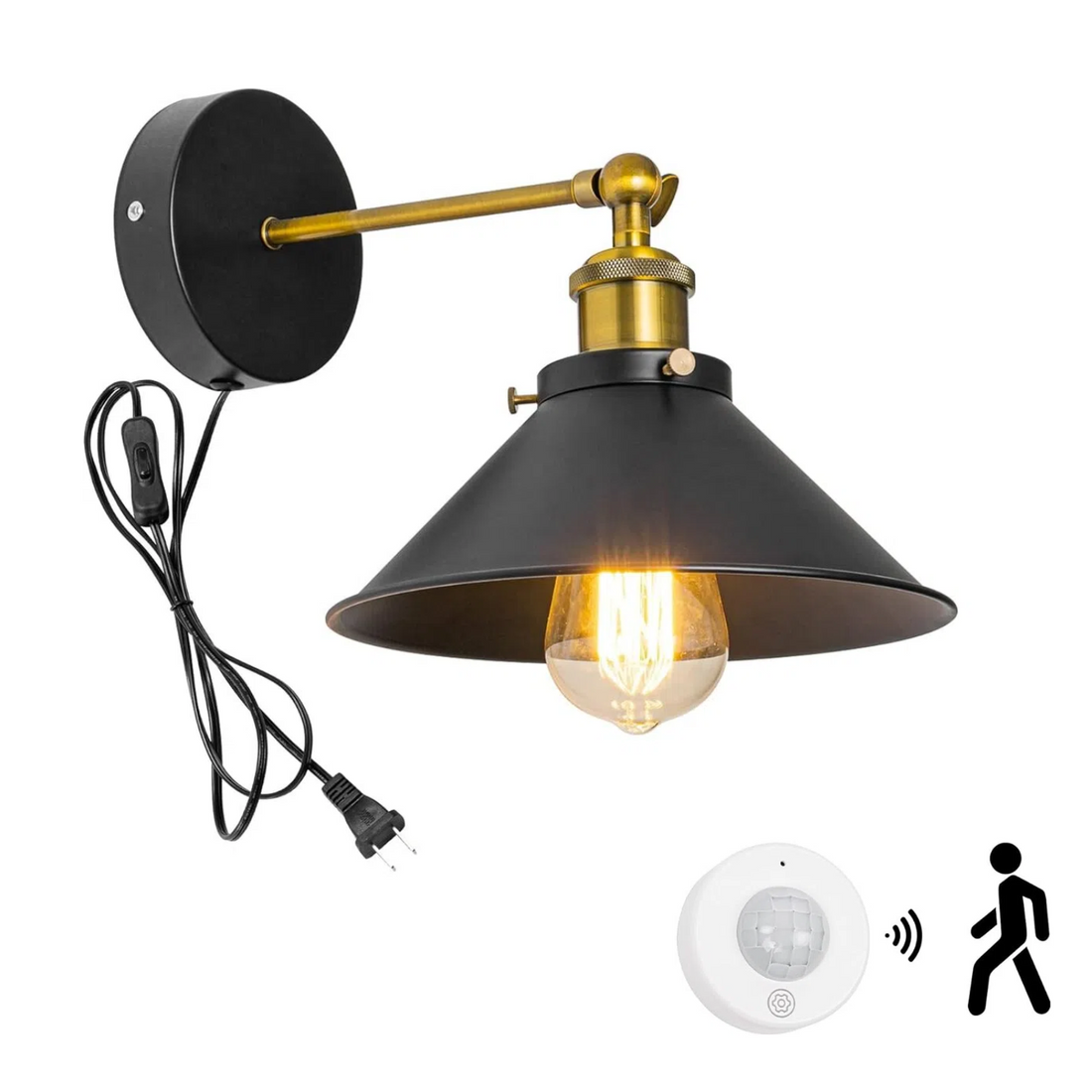 A lit industrial wall sconce displayed alongside a wireless motion sensor detecting movement for automated lighting control.