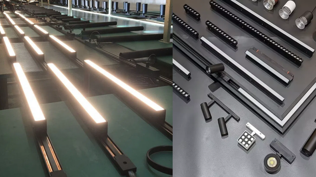 A split image showing linear track lights being tested in a factory on the left, and a variety of magnetic track light components and fixtures on the right
