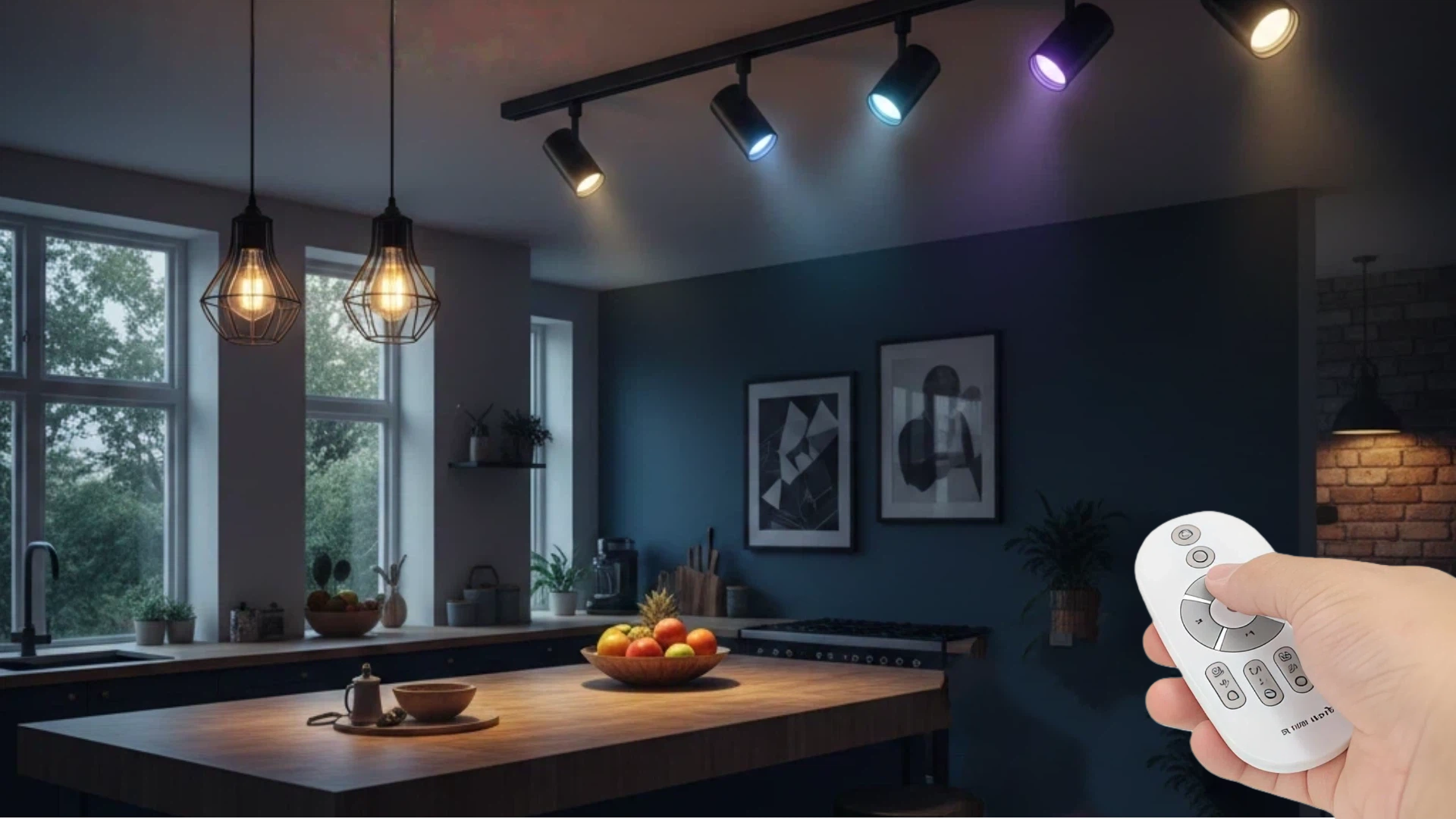 Smart RGB LED track lighting system in modern kitchen with remote control for color changing and dimming ambiance