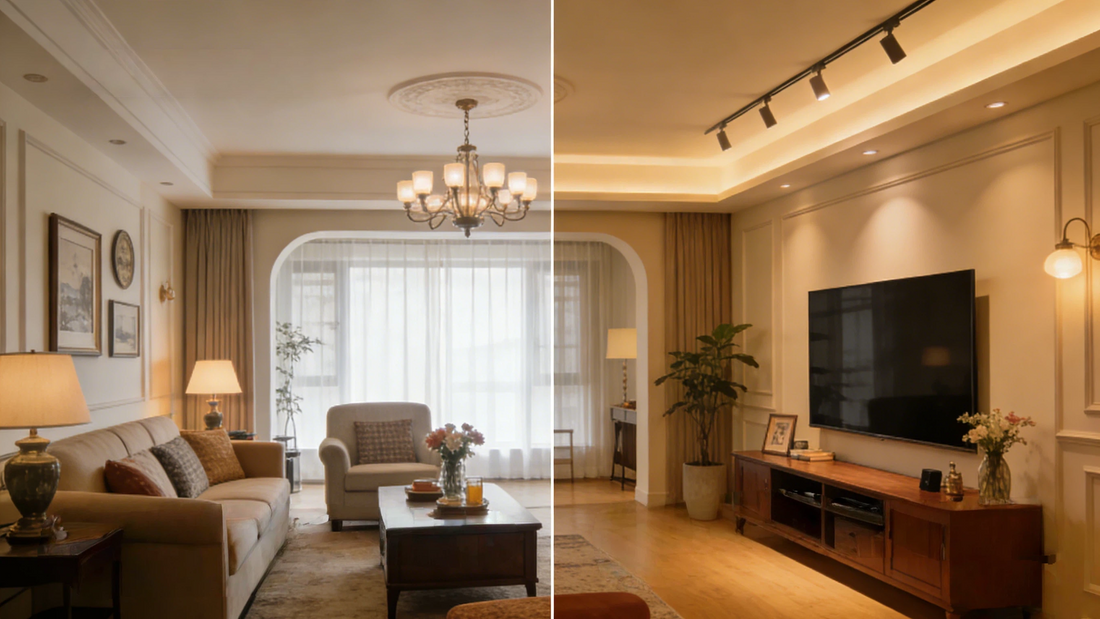 Before and after comparison of living room lighting upgrade from traditional chandelier to modern black track lighting system with adjustable spotlights for ambient and accent illumination