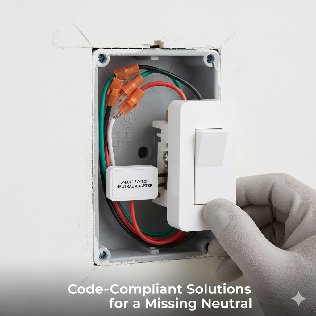 A gloved hand installing a smart switch neutral adapter inside an electrical box.
