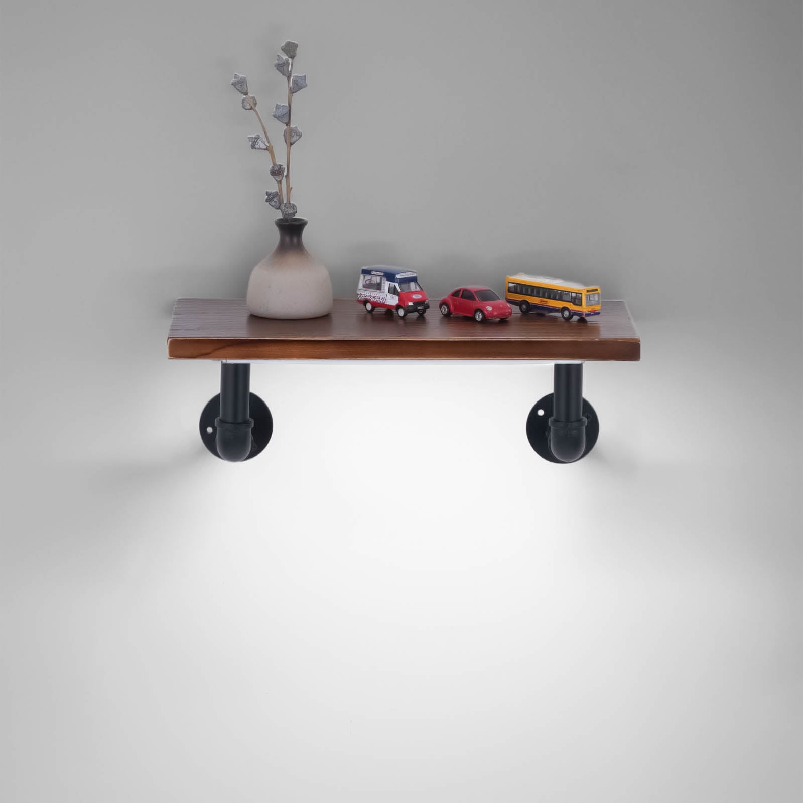 Touchless switch, rechargeable dimmable lamp, industrial-style pipe wall shelf decorative single-line solid wood shelf / wall-mounted shelving rack.