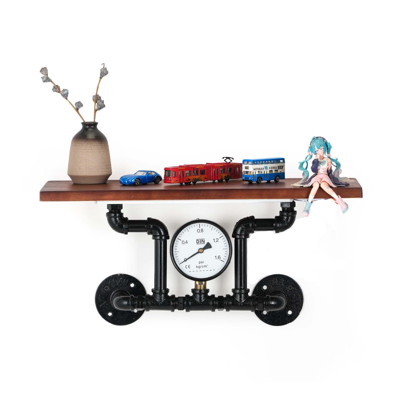Touchless switch, rechargeable dimmable lamp, industrial-style pipe wall shelf decorative single-line solid wood shelf / wall-mounted shelving rack.