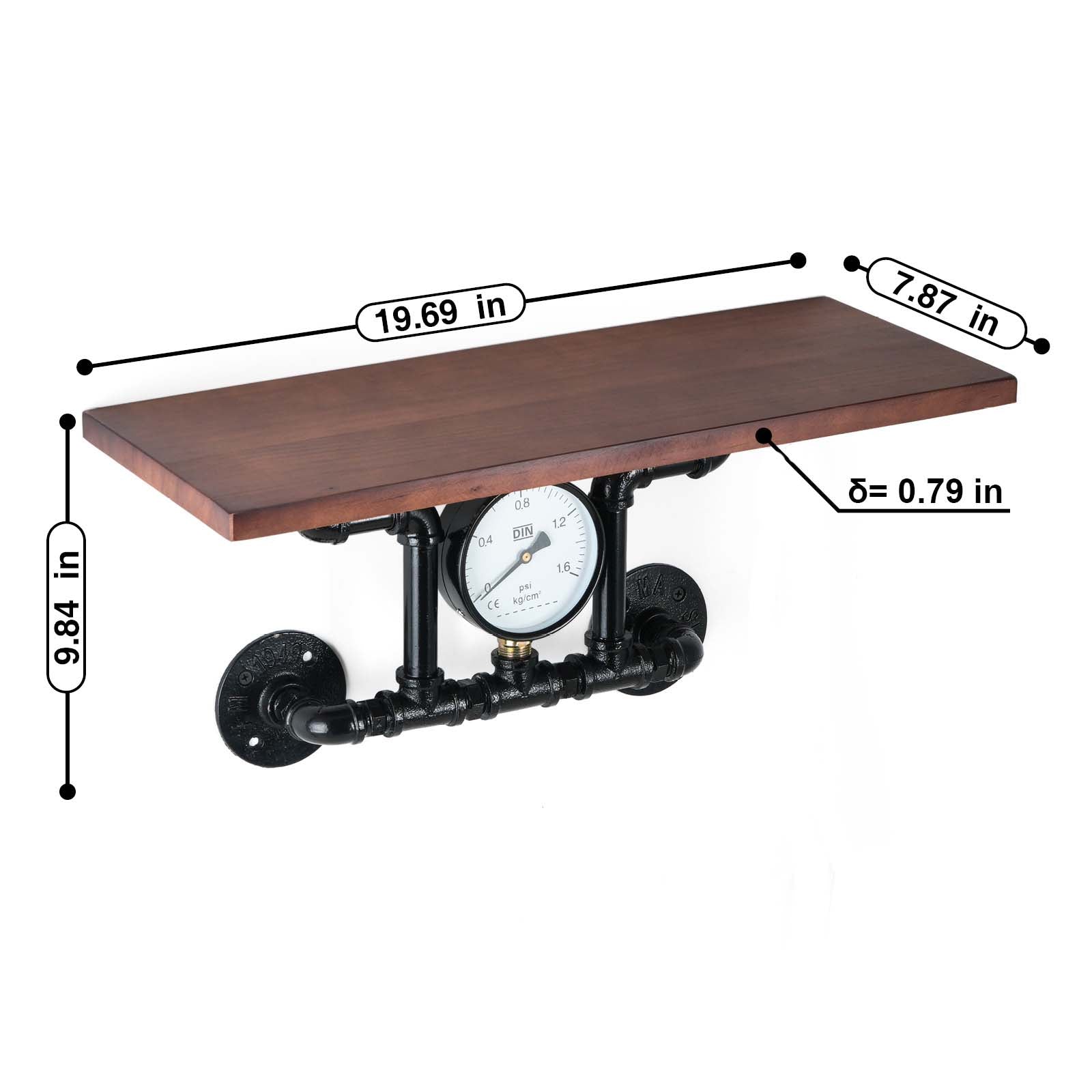 Touchless switch, rechargeable dimmable lamp, industrial-style pipe wall shelf decorative single-line solid wood shelf / wall-mounted shelving rack.