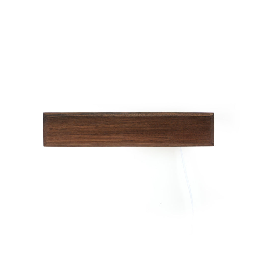 Battery-powered lamp with hand-sweep switch, wall-mounted bookshelf and newspaper/magazine rack, made of black walnut solid wood