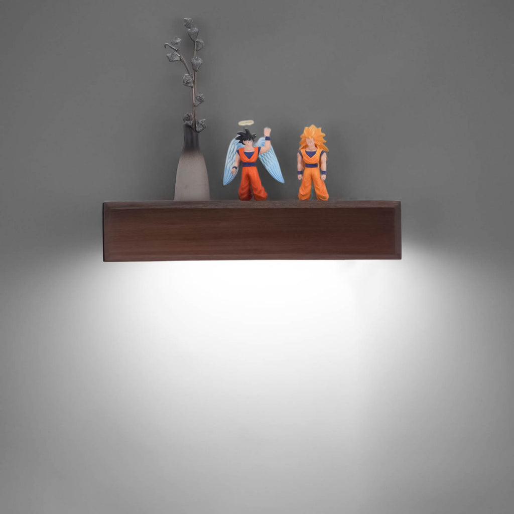 Battery-powered lamp with hand-sweep switch, wall-mounted bookshelf and newspaper/magazine rack, made of black walnut solid wood