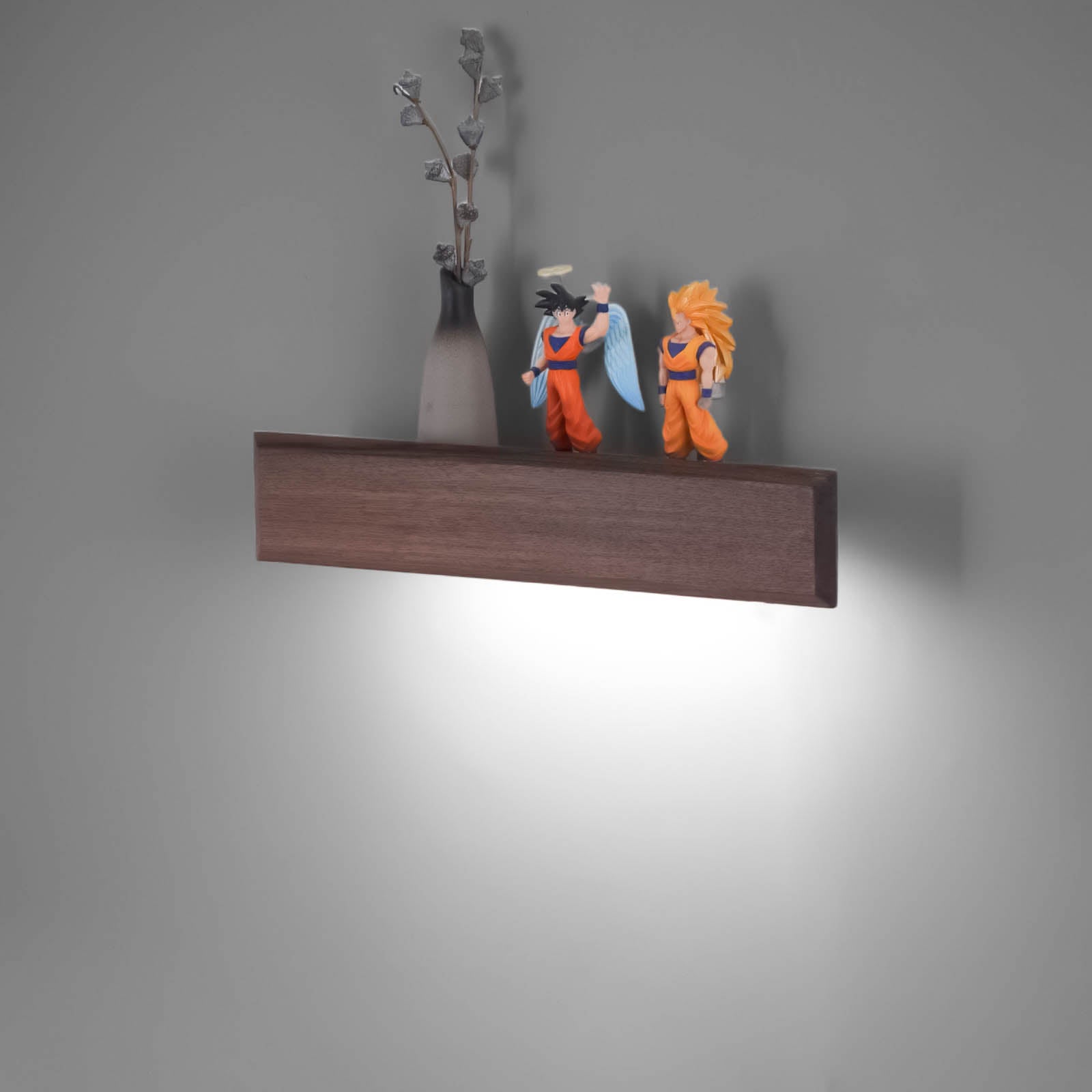 Battery-powered lamp with hand-sweep switch, wall-mounted bookshelf and newspaper/magazine rack, made of black walnut solid wood