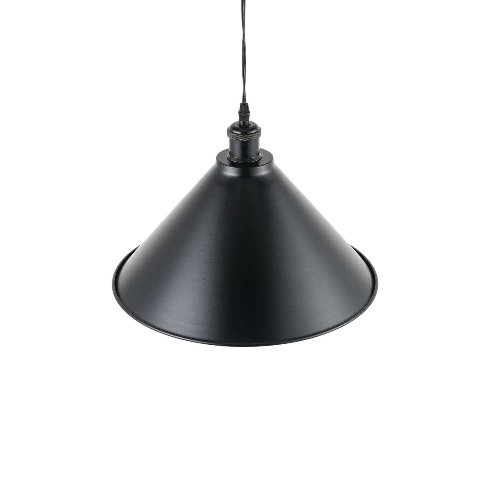 Industrial-style pendant light with cone-shaped black shade, adjustable wire, ideal for kitchen and home. Vintage lighting.